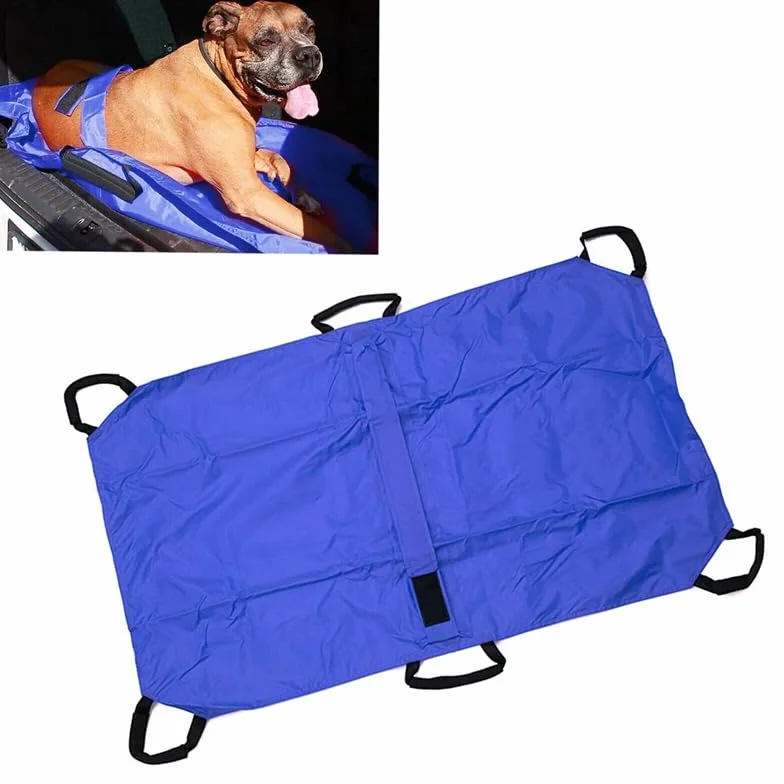 Barella Per Il Trasporto Di Cani, Trasportino Di Emergenza Per Animali Con Cinghia Di Sicurezza, Telo Scorrevole Per Aiuti con Cintura di Sicurezza, 6 Manici,Blu