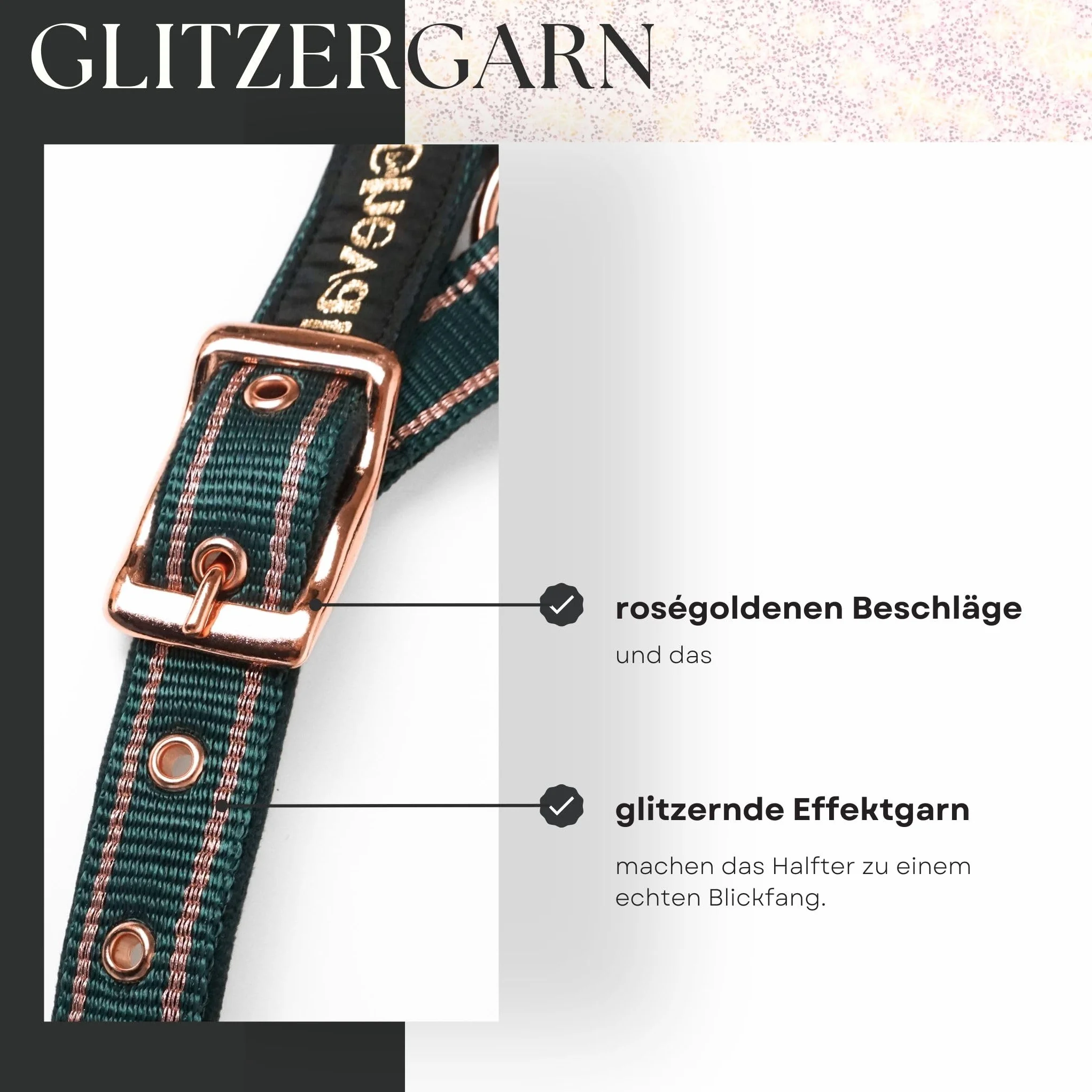 Cavezza per cavalli con glitter in oro rosa, cavezza cavallo in nero e rosa, regolabile in 2 posizioni (verde oro rosa, purosangue)