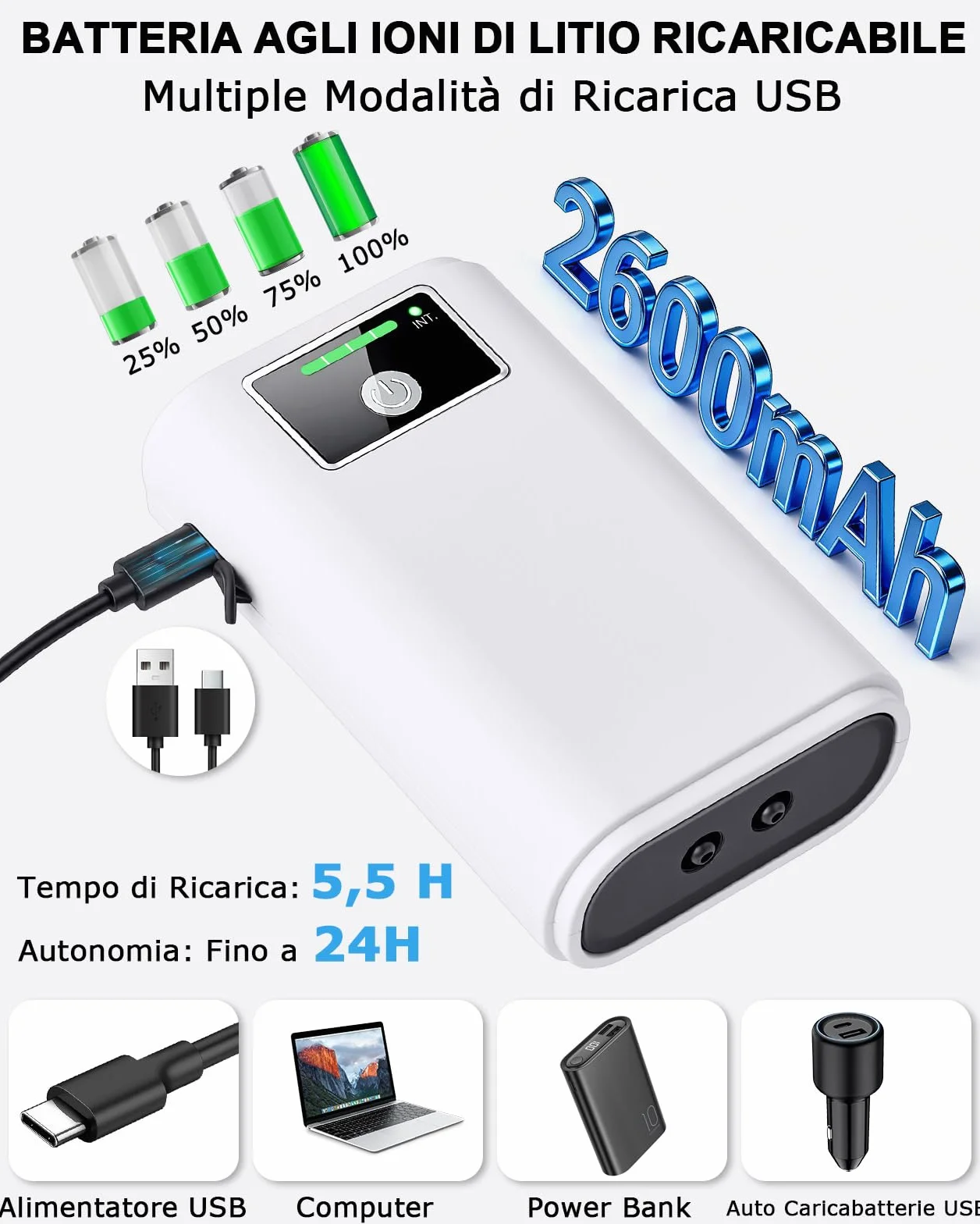 Aeratore Acquario, Pompa Acquario Portatile Ossigenatore Per Acquario USB gorgogliatore 2600mAh, due modi di alimentazione del gorgogliatore 1.5-2L/min*2