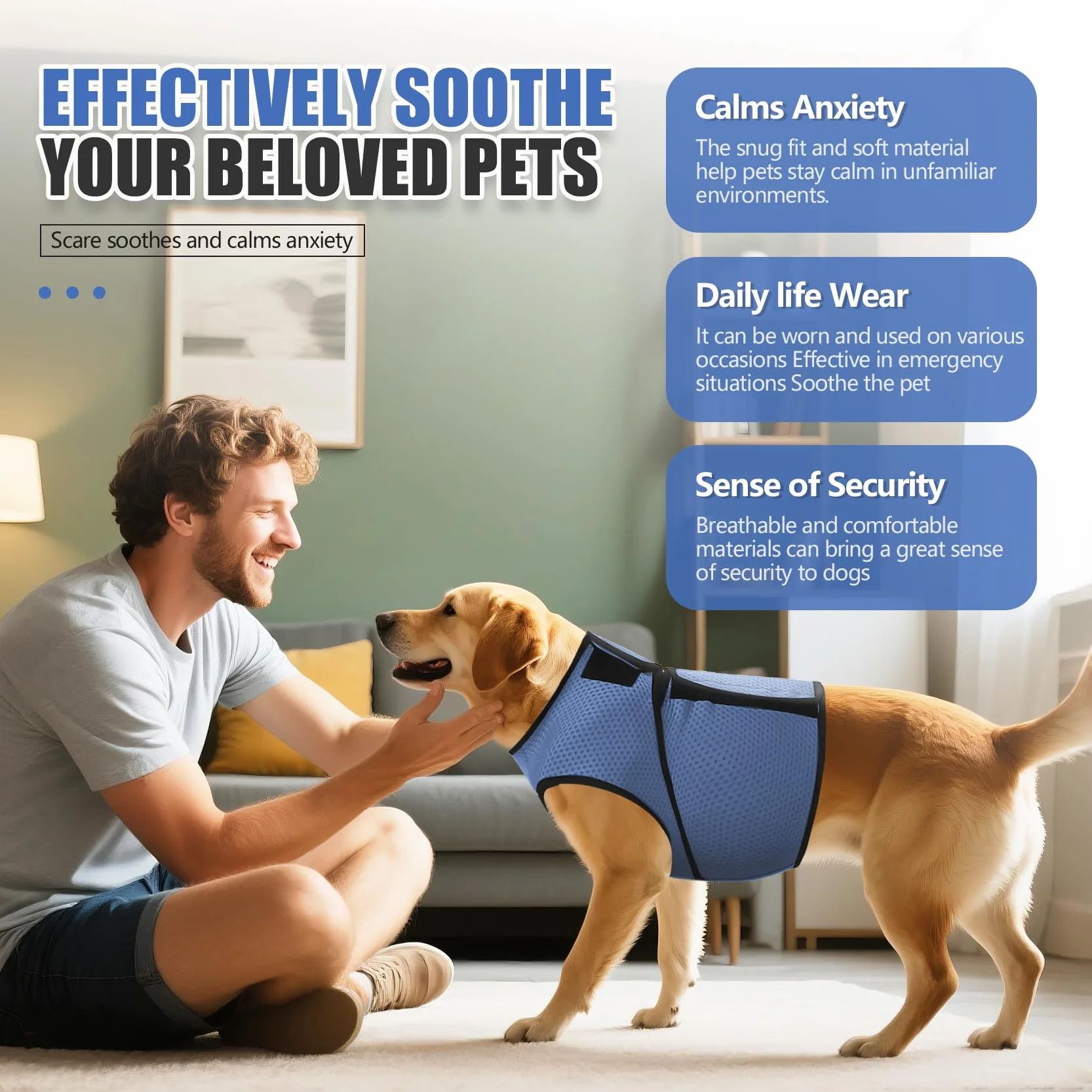 Gilet calmante per cani, per alleviare l'ansia, per cani, comodo e regolabile, morbida pressione, per Thunder, viaggi e fuochi d'artificio (blu, L)