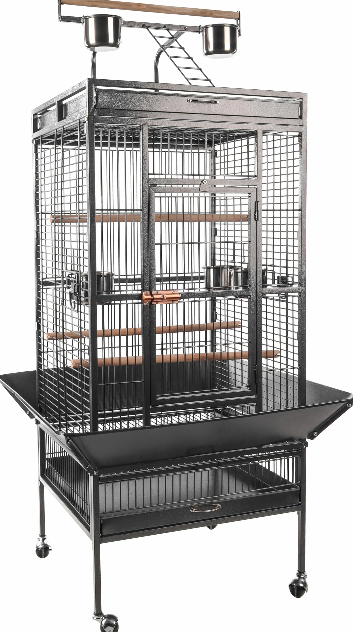 Flamingo Gabbia per uccelli - Voliera - Paolo Antracite – 82×77,5×165 cm – 4 posatoi in legno, 5 mangiatoie, chiusura di sicurezza, ampia porta frontale, tetto con scala e posatoio