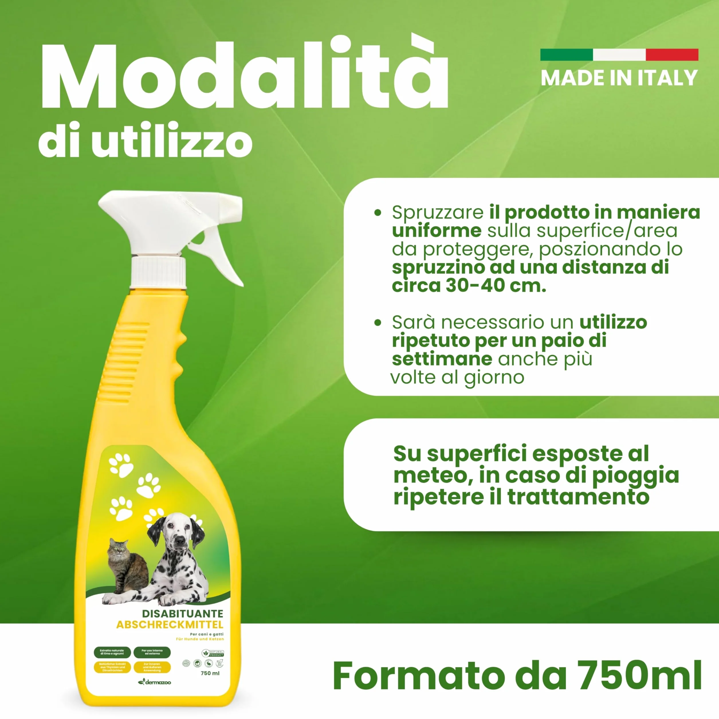 Dermazoo Spray Repellente per Gatti da Esterno e Interno 750ml, Disabituante Gatti, Disabituante per Cani, Spray Addestrativo Anti Pipi Cani, Casa e Giardino