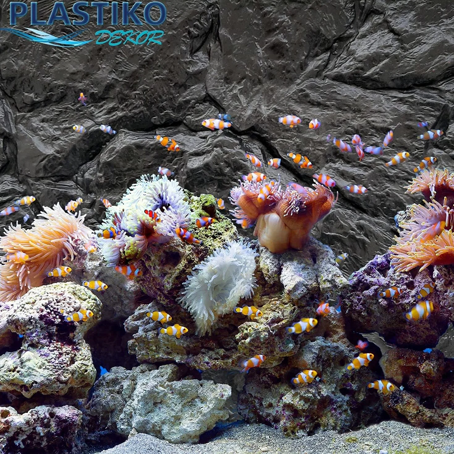 PLASTIKO - Acquario Sfondo 3D I 60x30 cm I Facile da Montare e Pulire I Non Richiede Colla I Sicuro per Gli Animali I Grigio con Un Modello di Pietre Basse