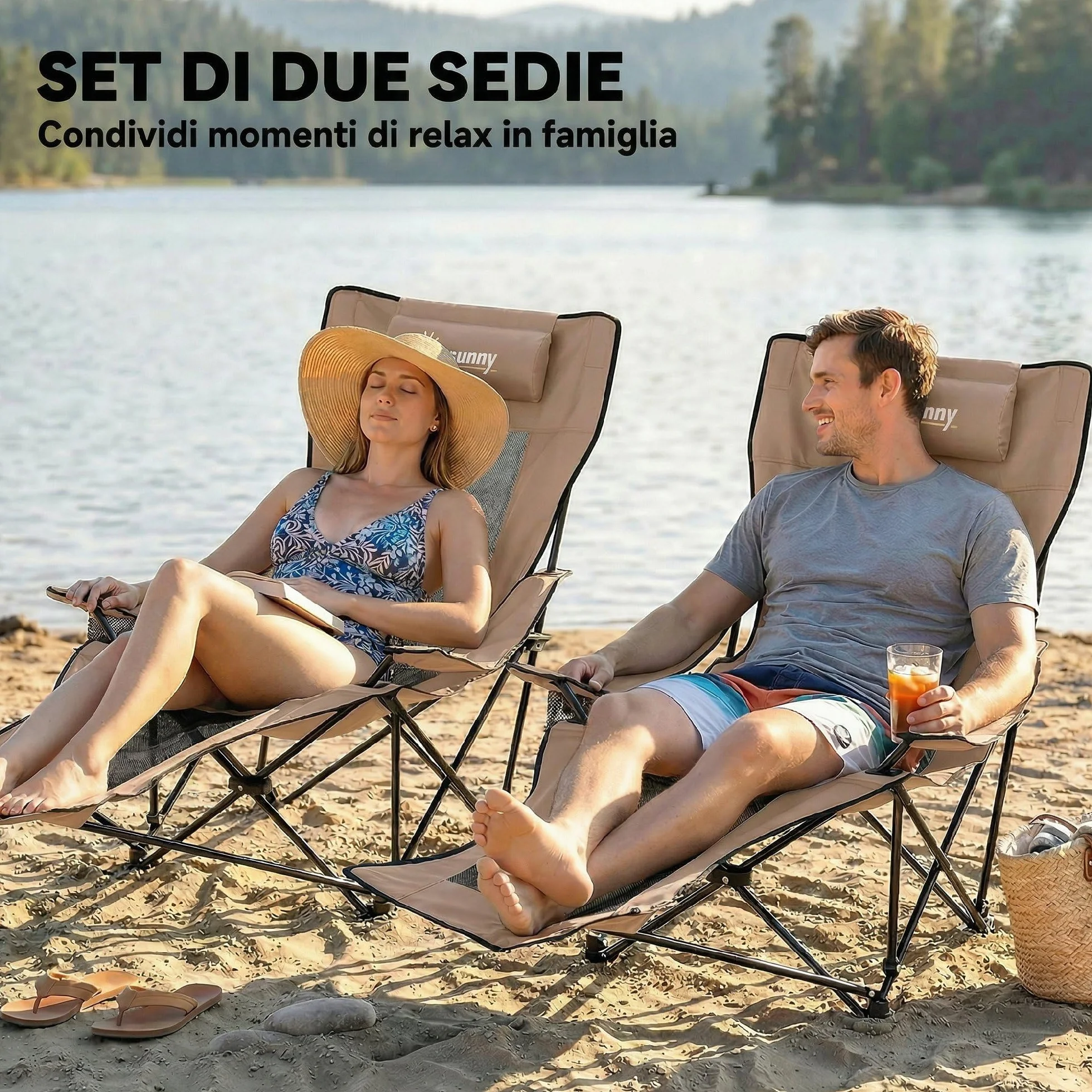 Outsunny Set 2 Sedie da Campeggio Pieghevoli con Poggiapiedi Staccabile, Portabicchieri e Tasca Laterale, Sedie da Giardino in Tessuto Oxford e Metallo, 165x80x90 cm, Marrone e Nero
