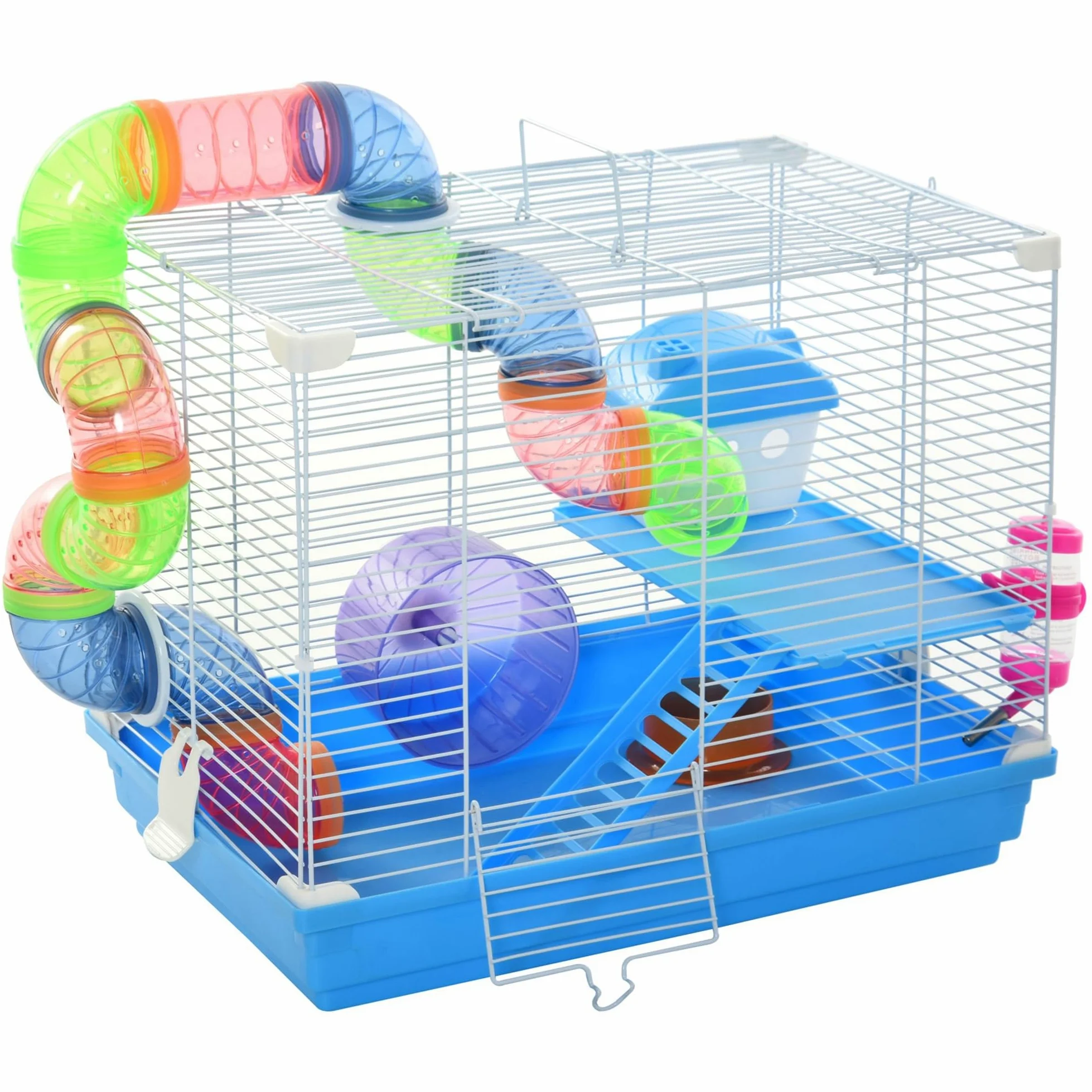 PawHut Gabbia per Criceti a 2 Livelli con Tunnel 46x30x37cm Blu e Bianca | Serbatoio per Acqua, Vassoio Rimovibile, Ruota per Criceti