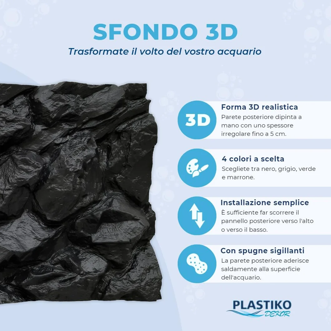 PLASTIKO - Acquario Sfondo 3D I 100x50 cm I Facile da Montare e Pulire I Non Richiede Colla I Sicuro per Gli Animali I Grigio con Un Modello di Pietre Alte