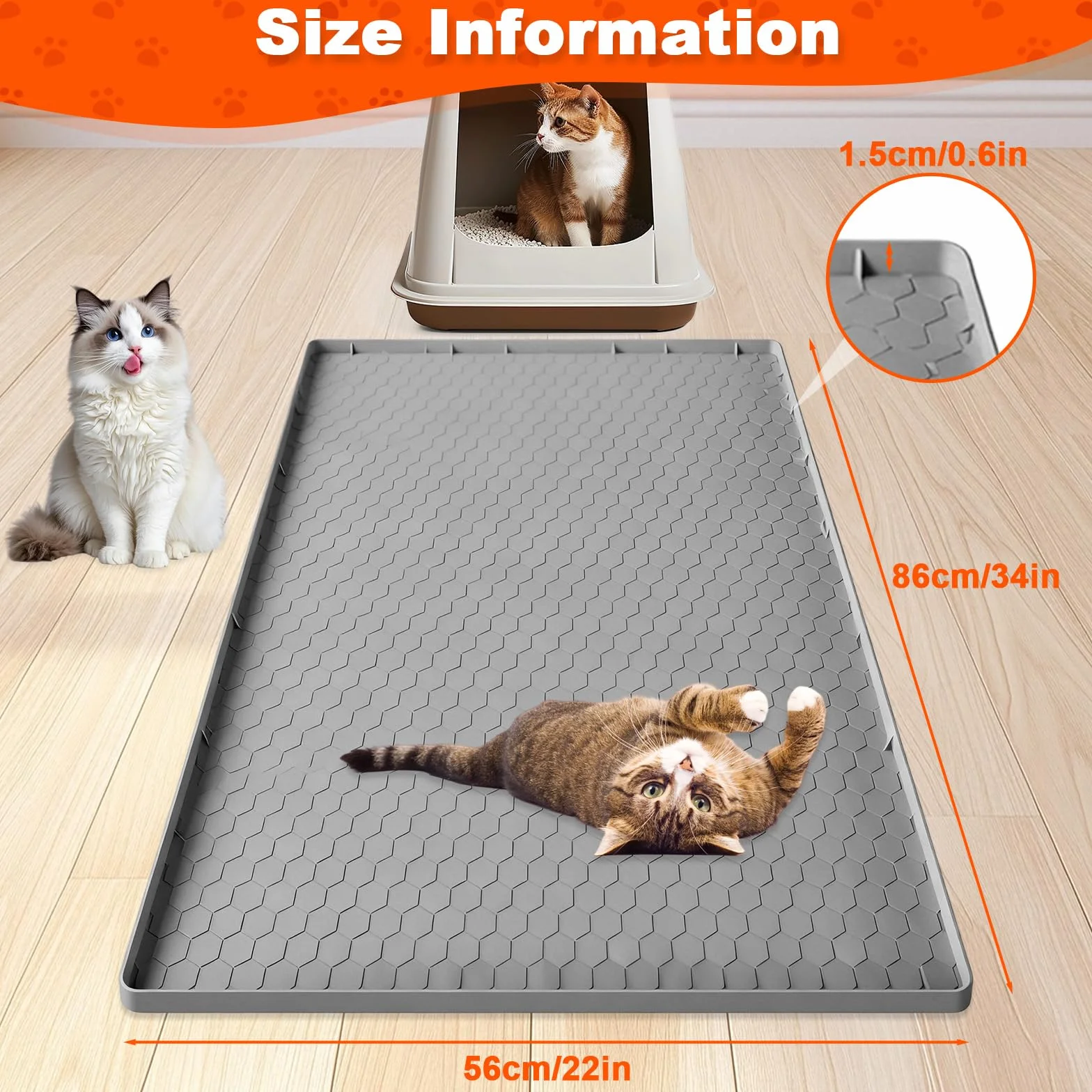Tappetino Lettiera Gatto per Gatti con Bordi Rialzati, Tappeto Silicone Extra Grande 86x56cm, Mat Alimentare Morbido Sulle Zampe & Facile Pulire, Protezione Impermeabile Antiscivolo Resistente(Grigio)