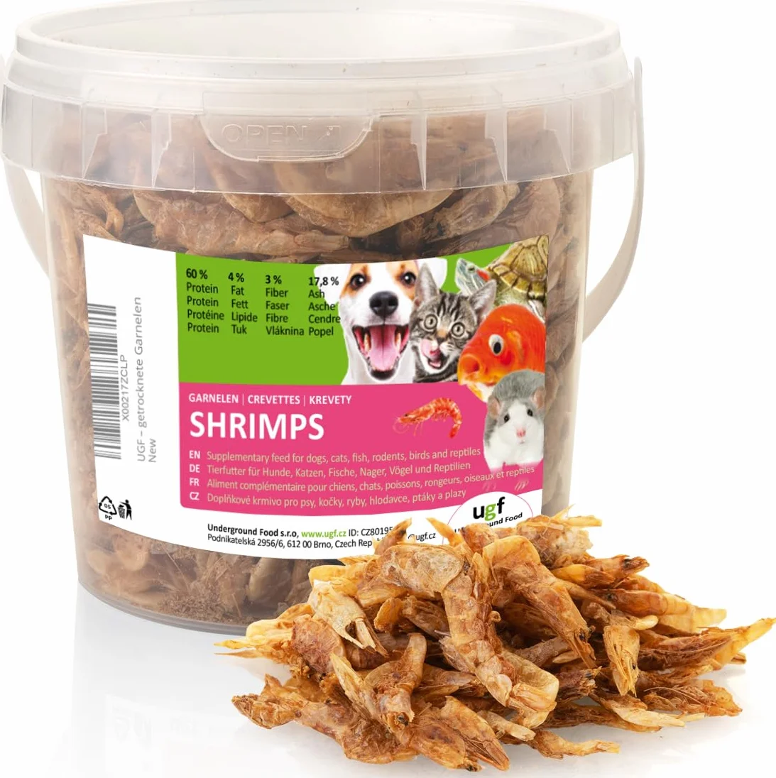 UGF - Gamberetti essiccati - 75 g in un secchio da 500 ml, Insetti gamberetti, Cibo per uccelli selvatici (tutto l'anno), Snack per cani, Cibo per tartarughe, roditori, lucertole, pesci