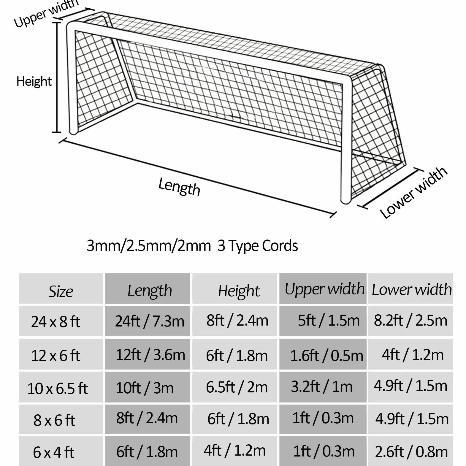 Aoneky Rete di Calcio 3x2M/5.5x2.1M /3.6x1.8M/2.4x1.8M /7.3x2.4M, 2mm/2.5mm/3mm per la Pratica dell'allenamento di Calcio per 5/7/11 Persone (Senza Cornice)