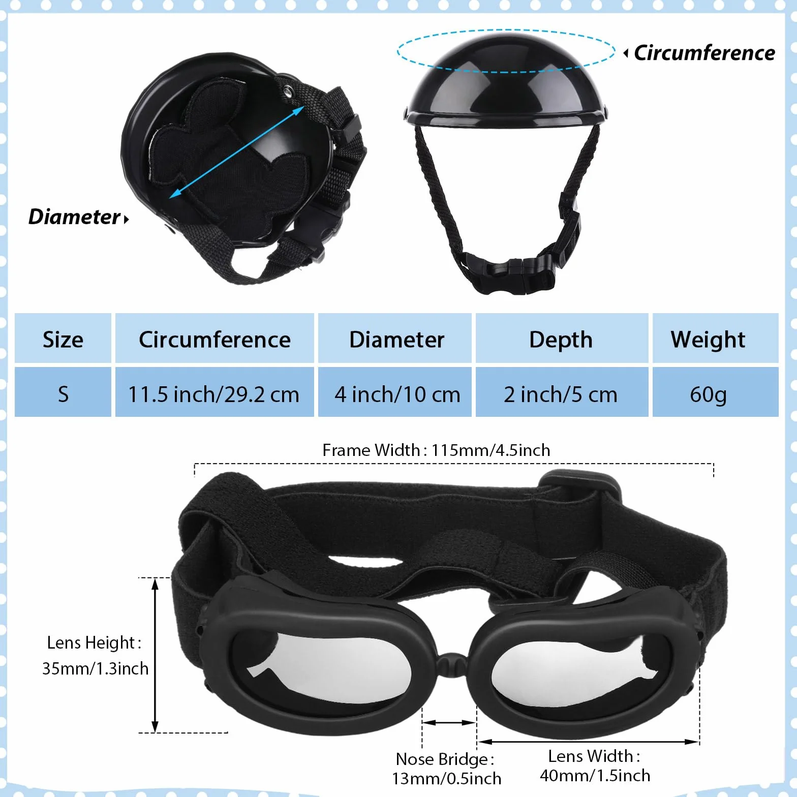 Frienda Dog Helmet and Goggles, UV Protection Doggy Sunglasses and 4 Inch Padded Puppy Motorcycle Helmet Adorable Dog Goggles with Adjustable Belt for Small Dogs Puppy Riding(Black,S)