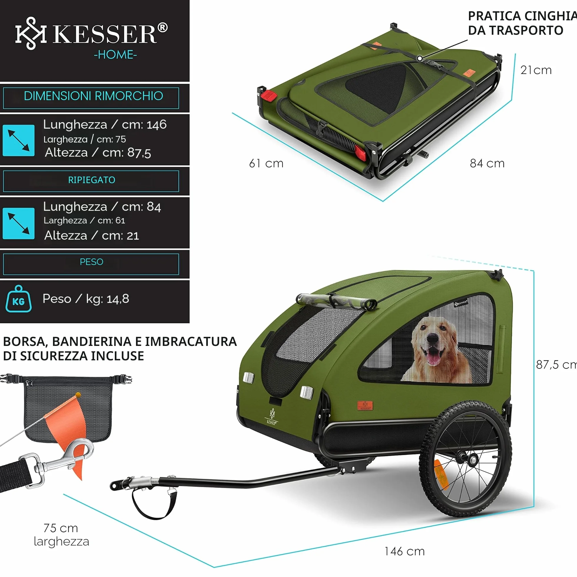 KESSER® Rimorchio per Cani 2in1, Carrello per Bicicletta, 250L circa di Volume, incl. Bandierina e Borsa, Pieghevole, SmartSpace Concept, Massima Capacità di Carico - 45 kg