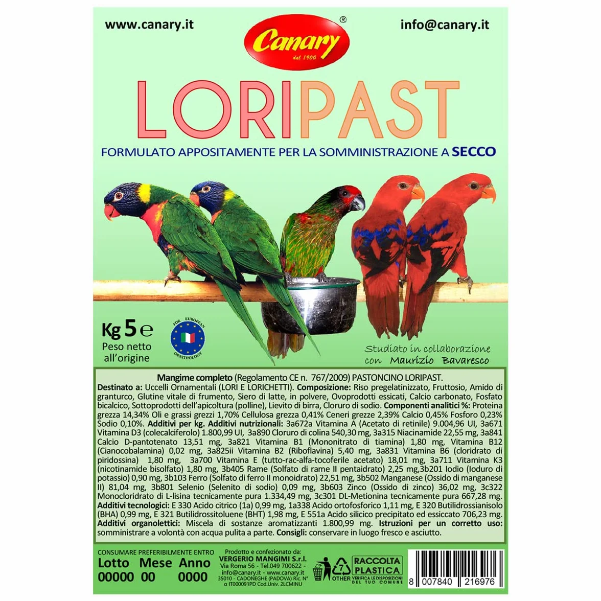 Canary Loripast 5kg, mangime per lorichetti e pappagalli, pastoncino in farina per lori, alimento completo per alimentazione a secco, confezione da 5Kg.