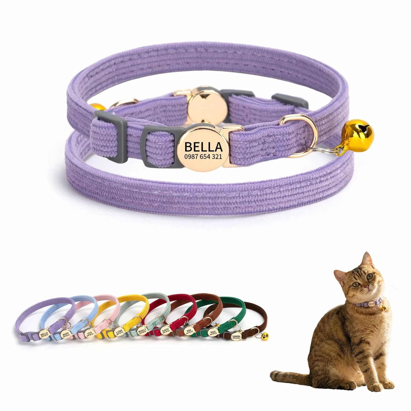 Collare per gatti personalizzato con nome e numero di telefono, collare regolabile in velluto a coste a sgancio rapido con campanello e fibbia di sicurezza per gatti o cani di piccola taglia, 20-30 cm