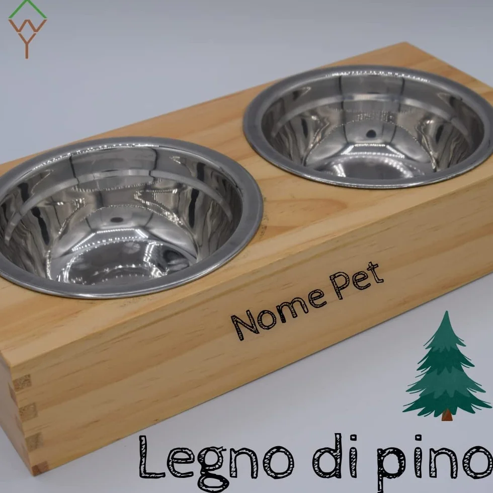 Ciotole per cani gatti personalizzate in acciaio inox con supporto in legno