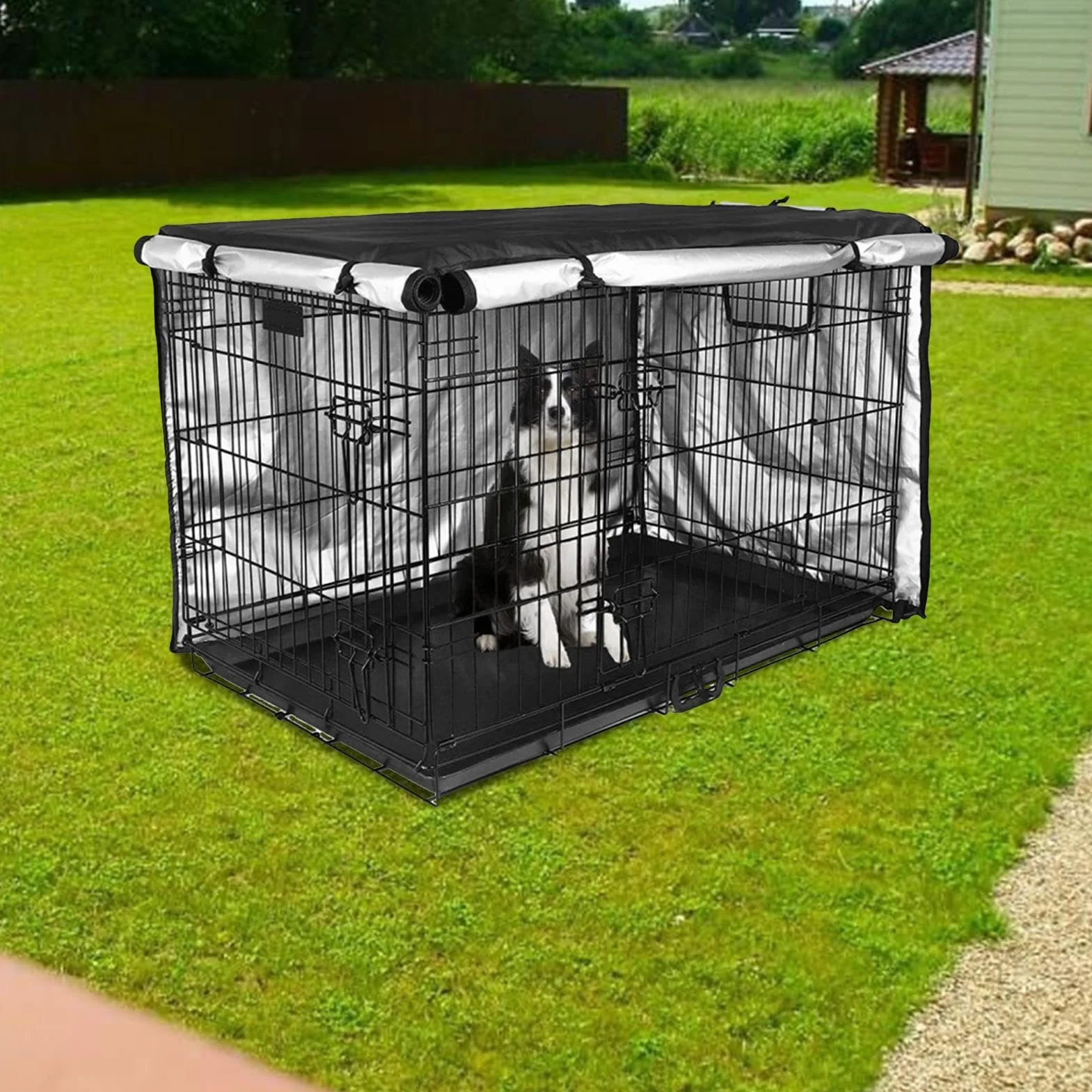 Copertura per cuccia per cani altamente isolata grandi dimensioni con finestra rivestita in argento