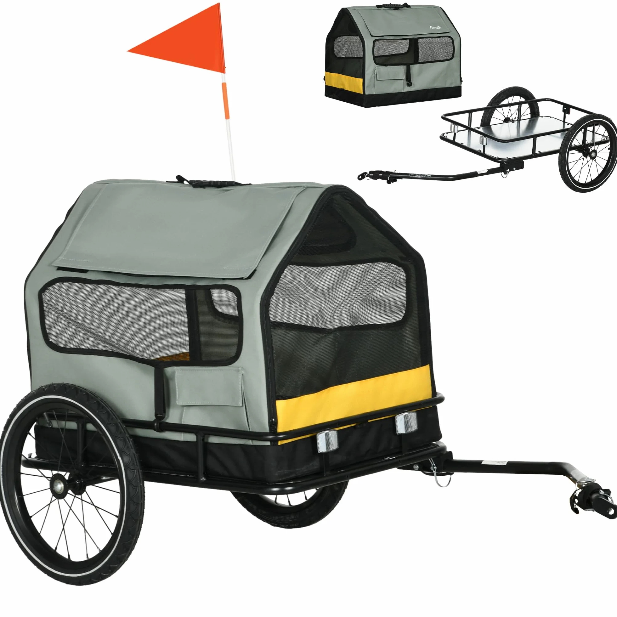 PawHut Rimorchio per Cani 3 in 1 con Casetta per Cani, Rimorchio Bici e Rimorchio per Cani Taglia Piccola, Bandierina e Catarifrangenti, Grigio