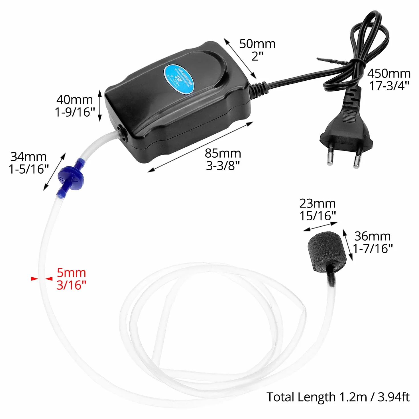 QWORK® Pompa d'aria per acquario 3W, pompa di ossigeno per acquario 2L/min, incluso tubo in silicone da 120 cm, pietra porosa e valvola di ritegno
