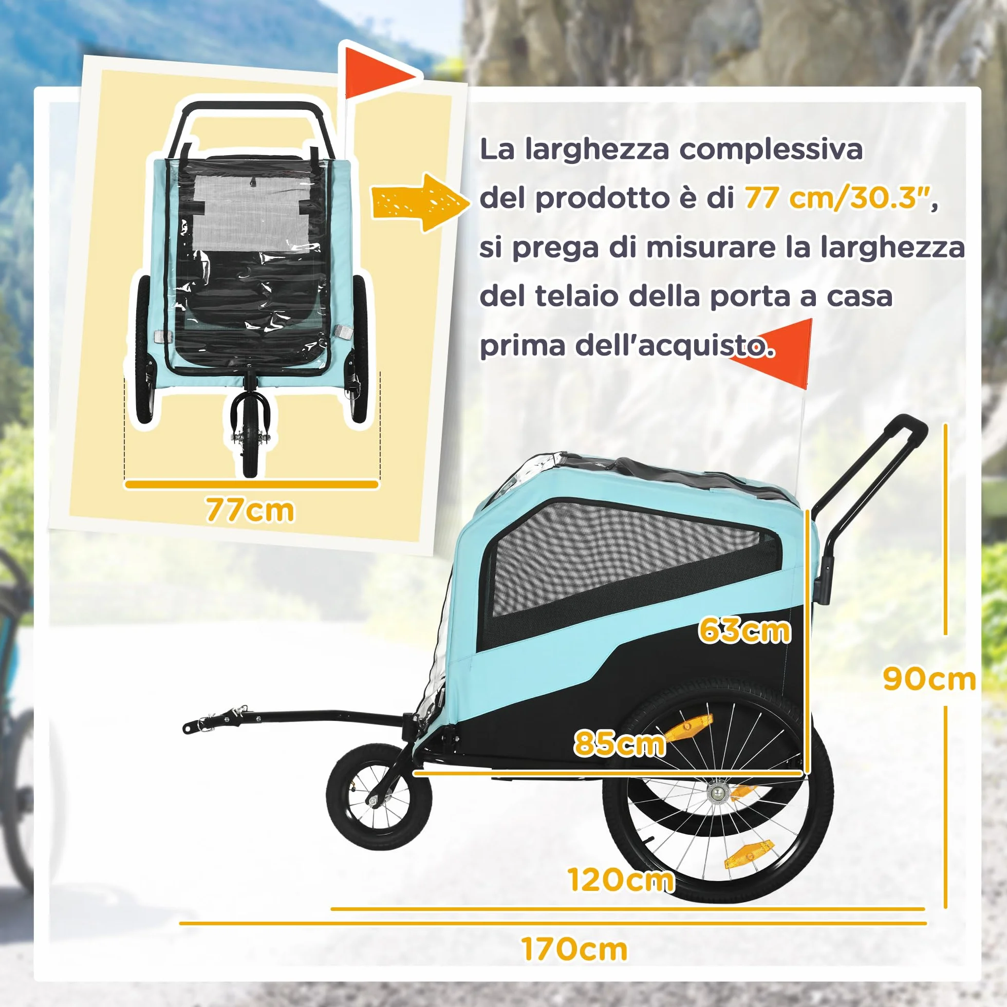 PawHut Rimorchio Bici per Cani 2 in 1 con 2 Ingressi e Tasche Portaoggetti, Passeggino per Cani 30kg max in Acciaio e Tessuto Oxford, Blu