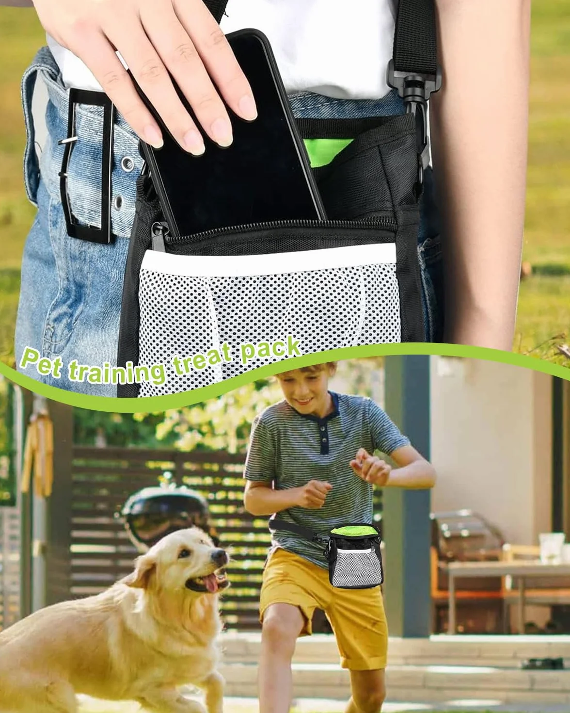 Sacchetti portatili per animali domestici da 1 pezzi in Piccola borsa per dolcetti, borsa da passeggio portatile, borsa per cani a mani libere (Nero di grandi dimensioni)