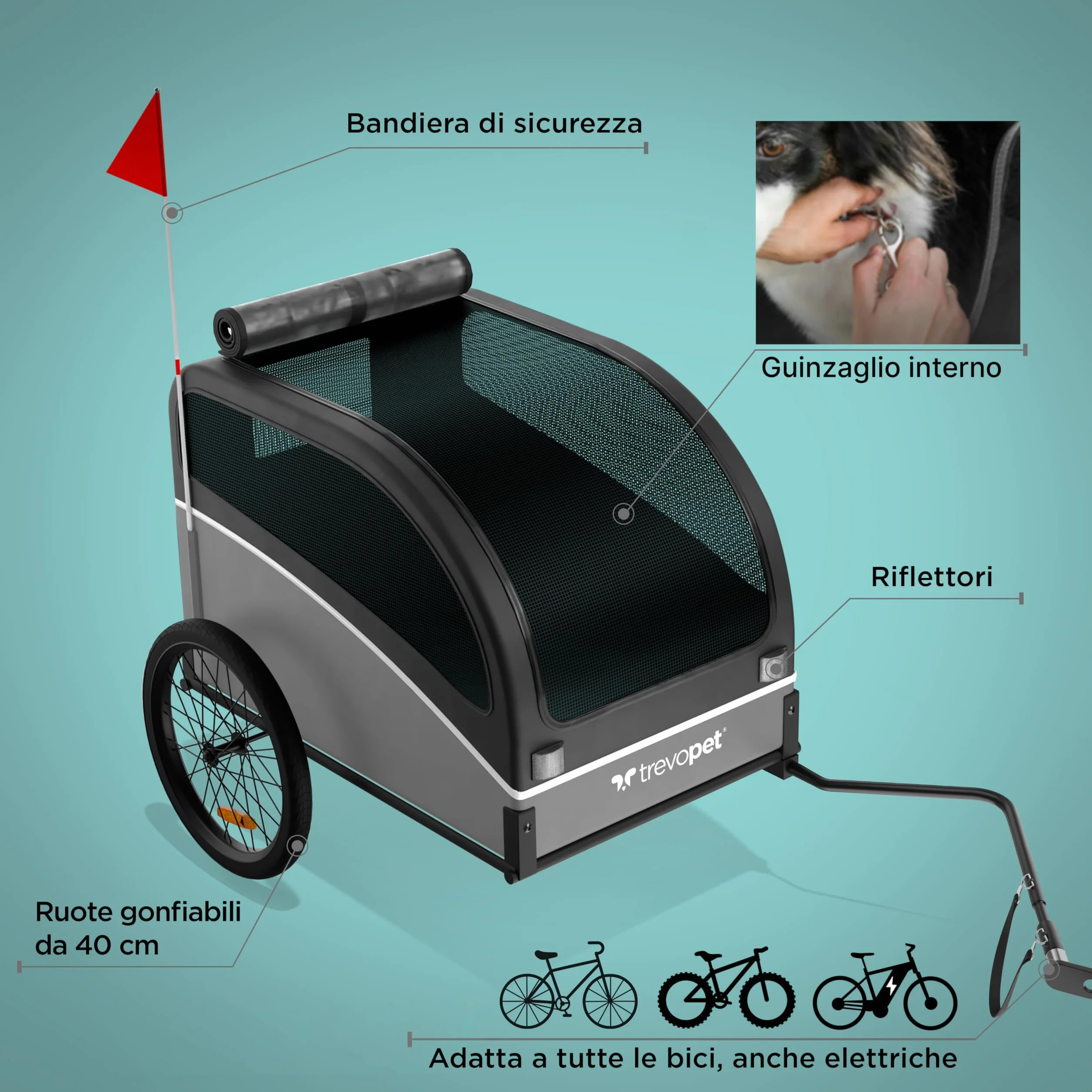 Rimorchio Bici Cani – Carrello per Cani Pieghevole fino a 40 kg – Carrello Bici per Cani con Gancio e Catarifrangenti – Carrello Cane – Rimorchio Cane – Compatibile con E-Bike
