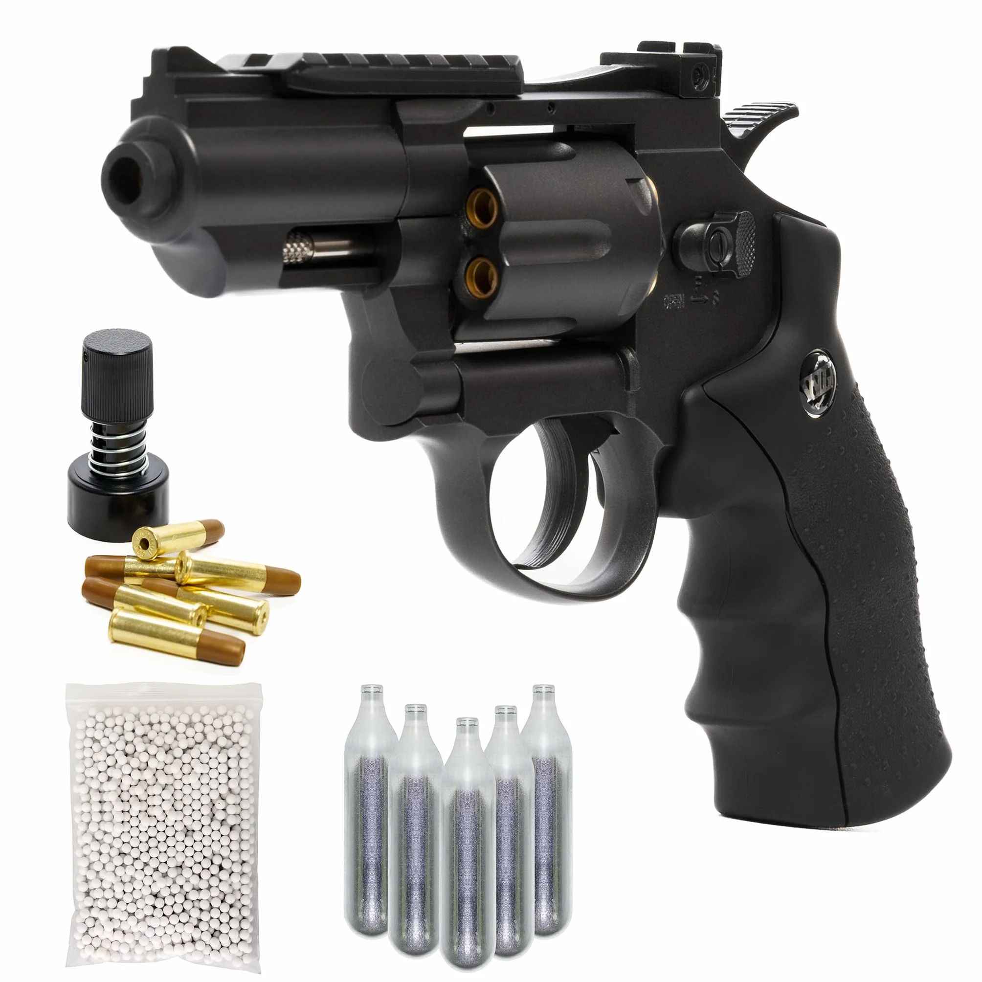 Pistola Softair Revolver a Pallini 6mm, 0,9 Joule, 34x12,5 cm, 5 Bombolette CO2, 1000 Pallini, Caricatore, 6 Bossoli