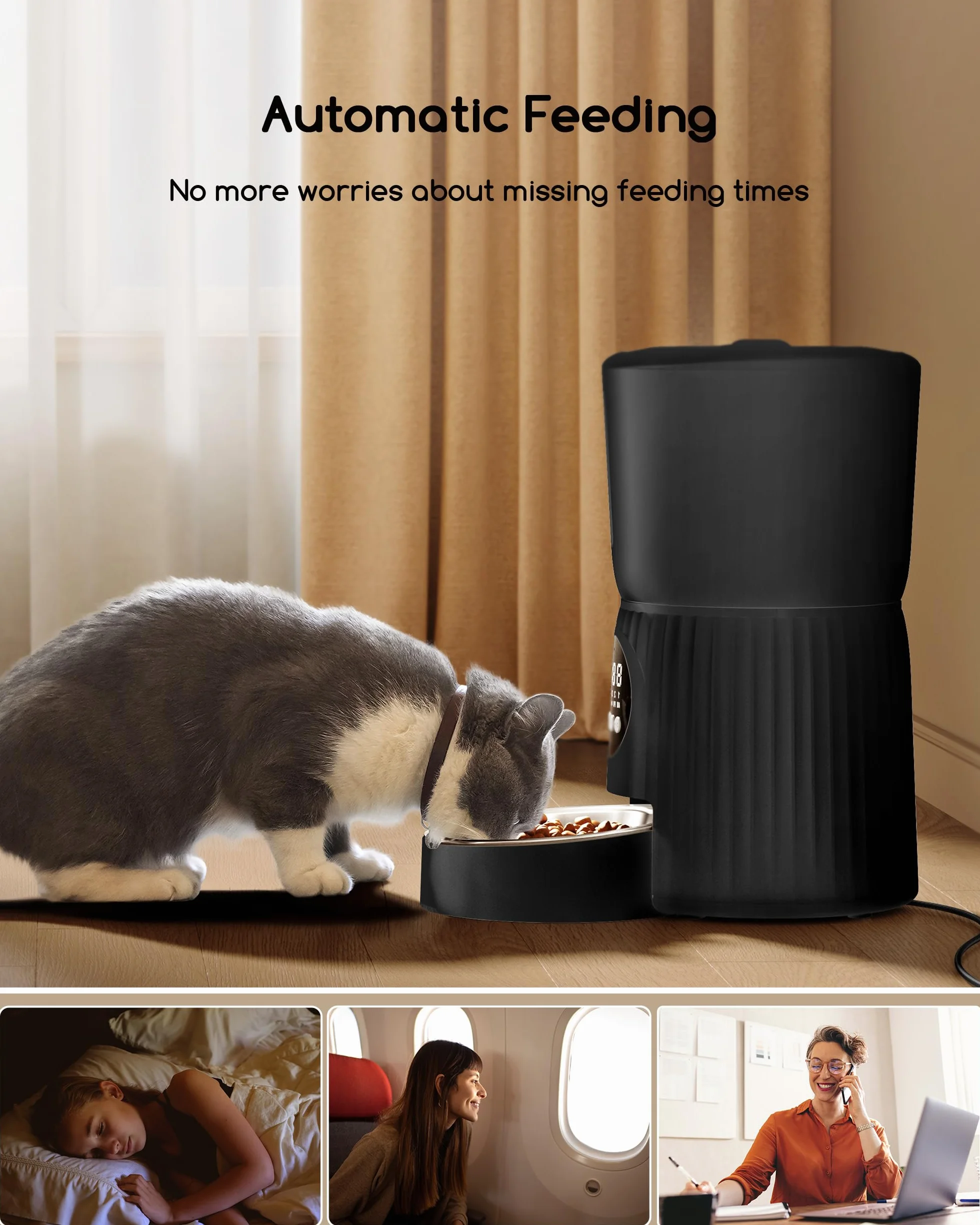 Distributore Automatico Cibo Gatti, Faroro 4L Dispenser Crocchette Gatto con 1-6 Pasti Al Giorno, Porzioni Regolabili, Voce 10s, Alimentazione Lenta (Nero)