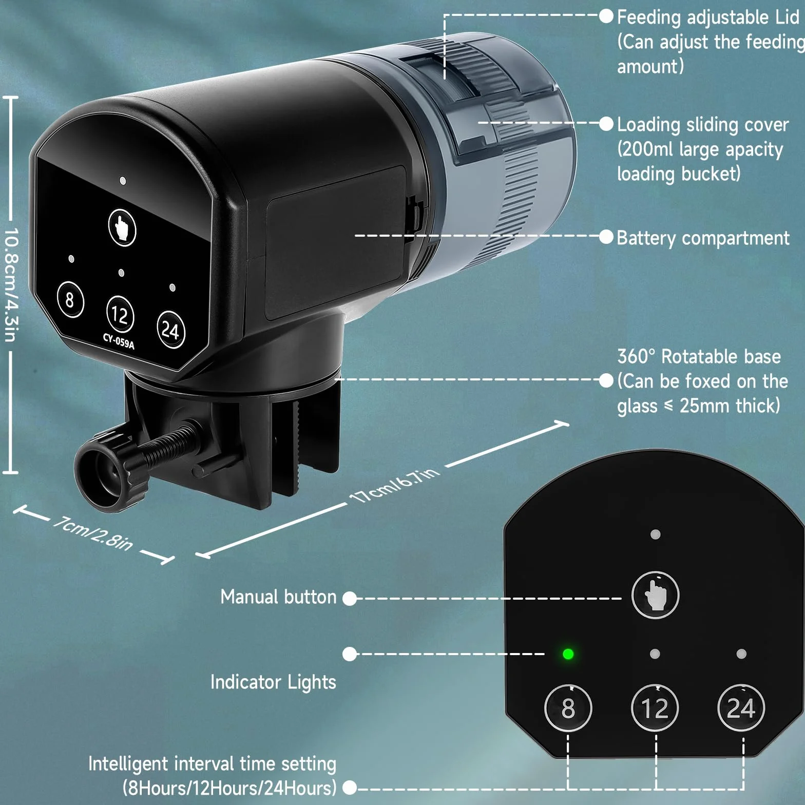 Mangiatoia Automatica Acquario 200ML con Indicatore LED e Batterie AAA, Nero