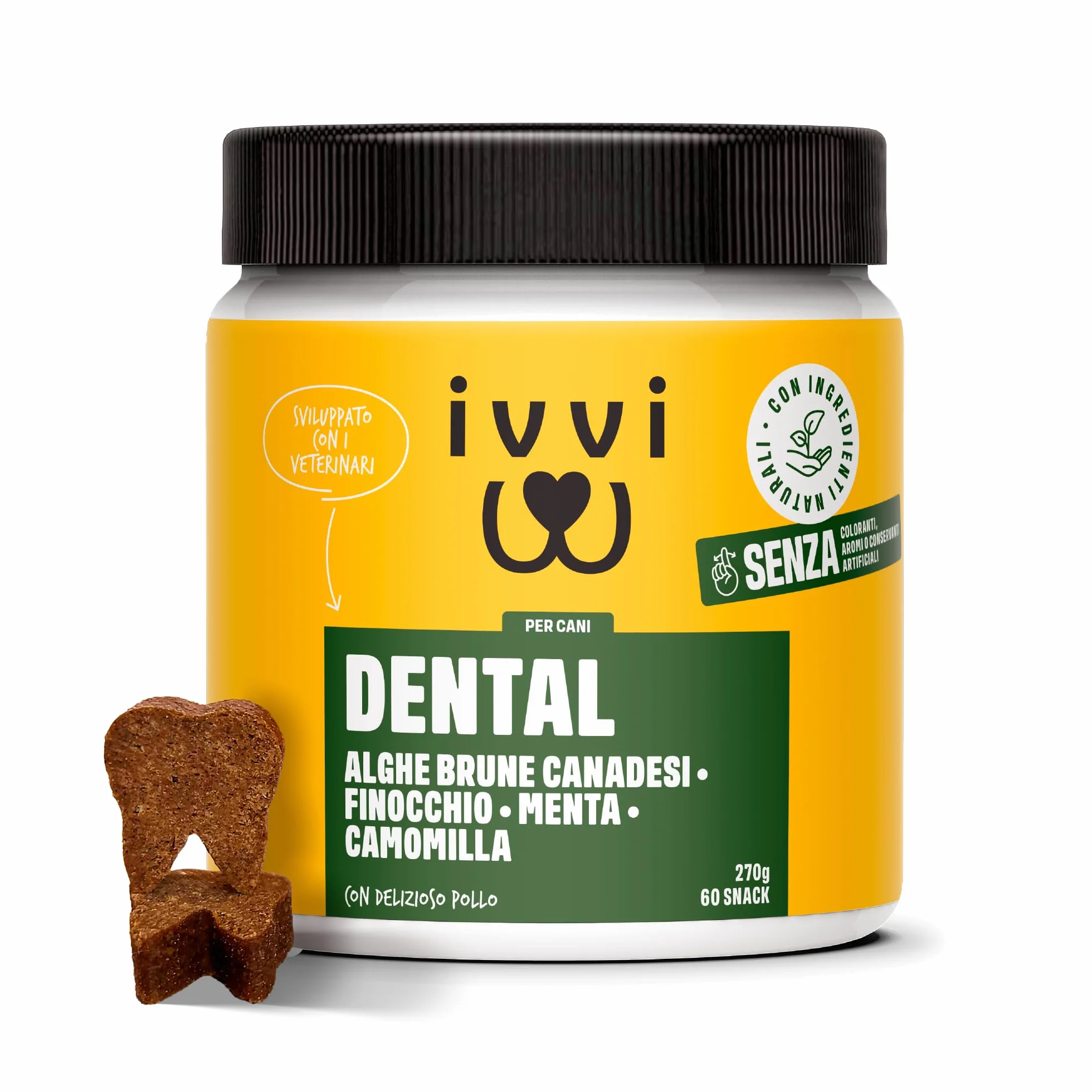 ivvi dental - snack per l'igiene dentale dei cani. Menta, prezzemolo, finocchio, camomilla, olio di cocco, alghe brune. 60 snack con pollo. Favorisce denti sani, alito fresco e gengive sane