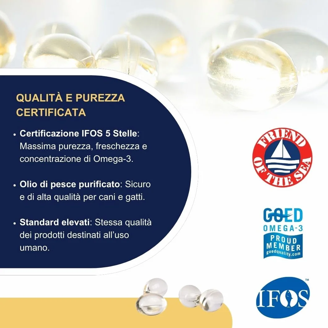 OMEGOR Pet Omega 3 per Cani e Gatti con EPA e DHA da Olio di Pesce Purificato - 60 Capsule di Omega3 IFOS Certificato per la Salute del Pelo e delle Articolazioni del tuo Pet