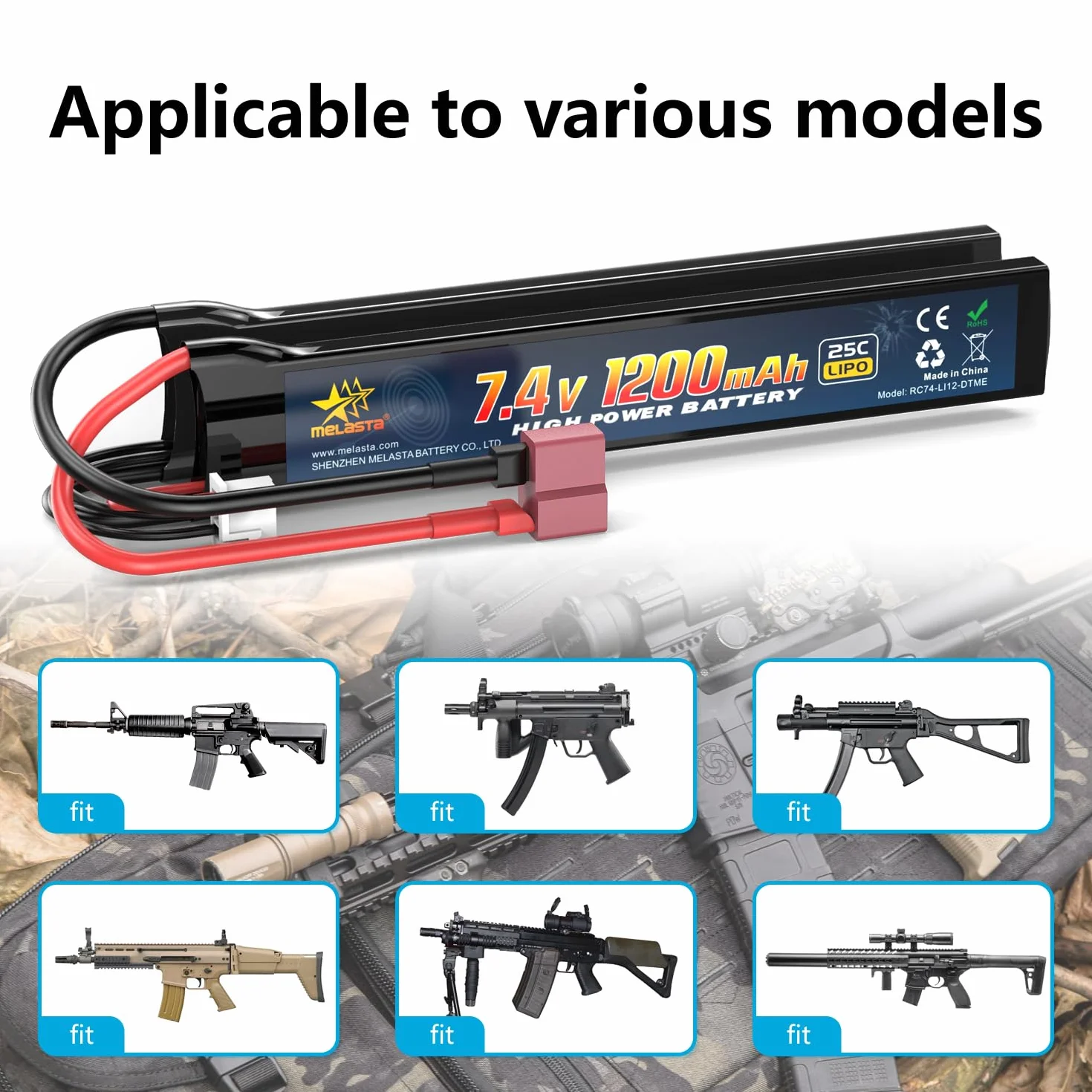 Melasta Airsoft Batterie Lipo Batteria 7.4V 1200mAh (25C T Plug Connector) per AK47 MP5k MP5 RPK M4 M14 MK18 MK46 M249 HK417 HK416 G36 Airsoft Guns