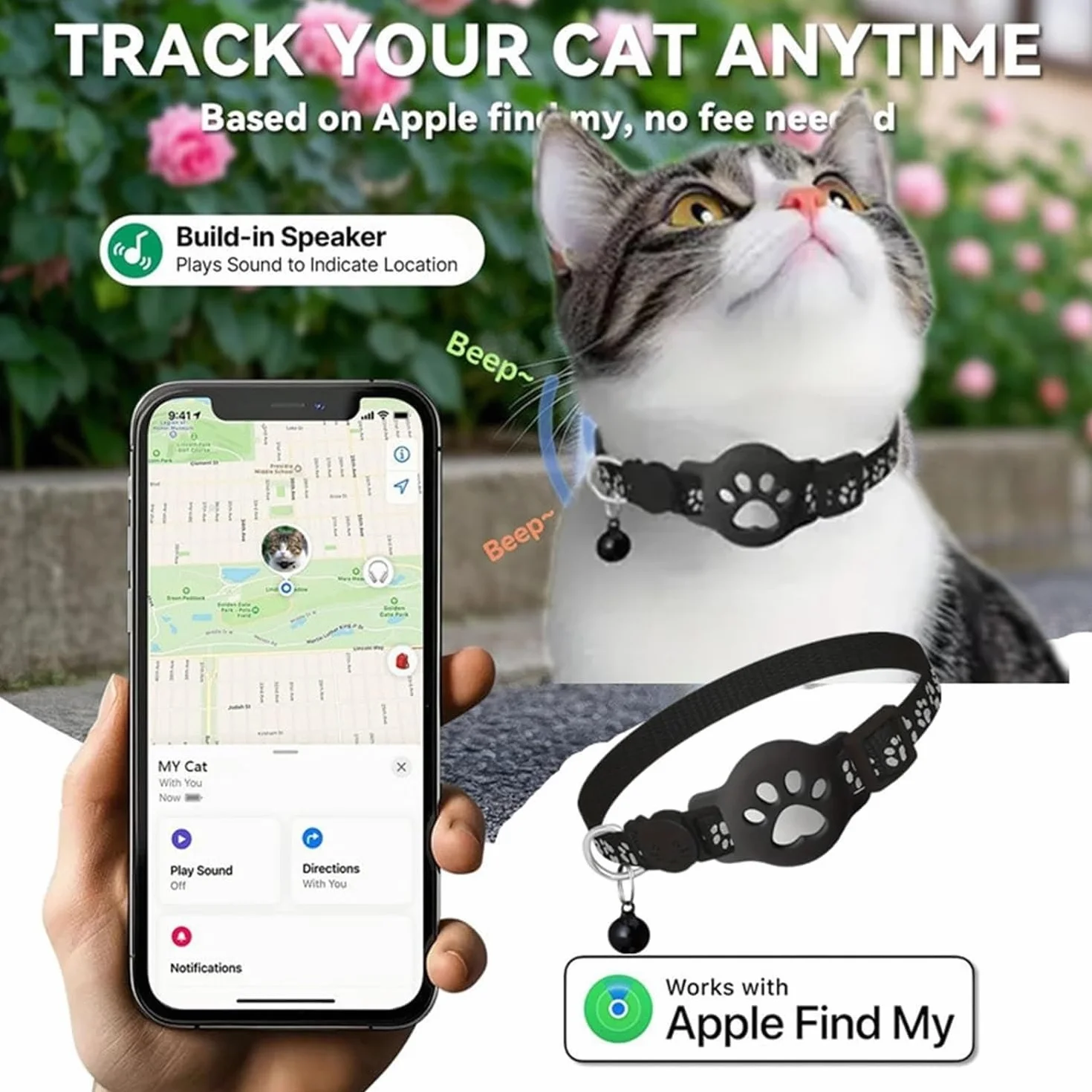 Collare GPS per Gatto Senza SIM e Senza Abbonamento, Localizzatore per Gatti Compatibile con Apple e Android Find My, Tracker Bluetooth con Posizione in Tempo Reale(Nero+Nero,IOS+Android)