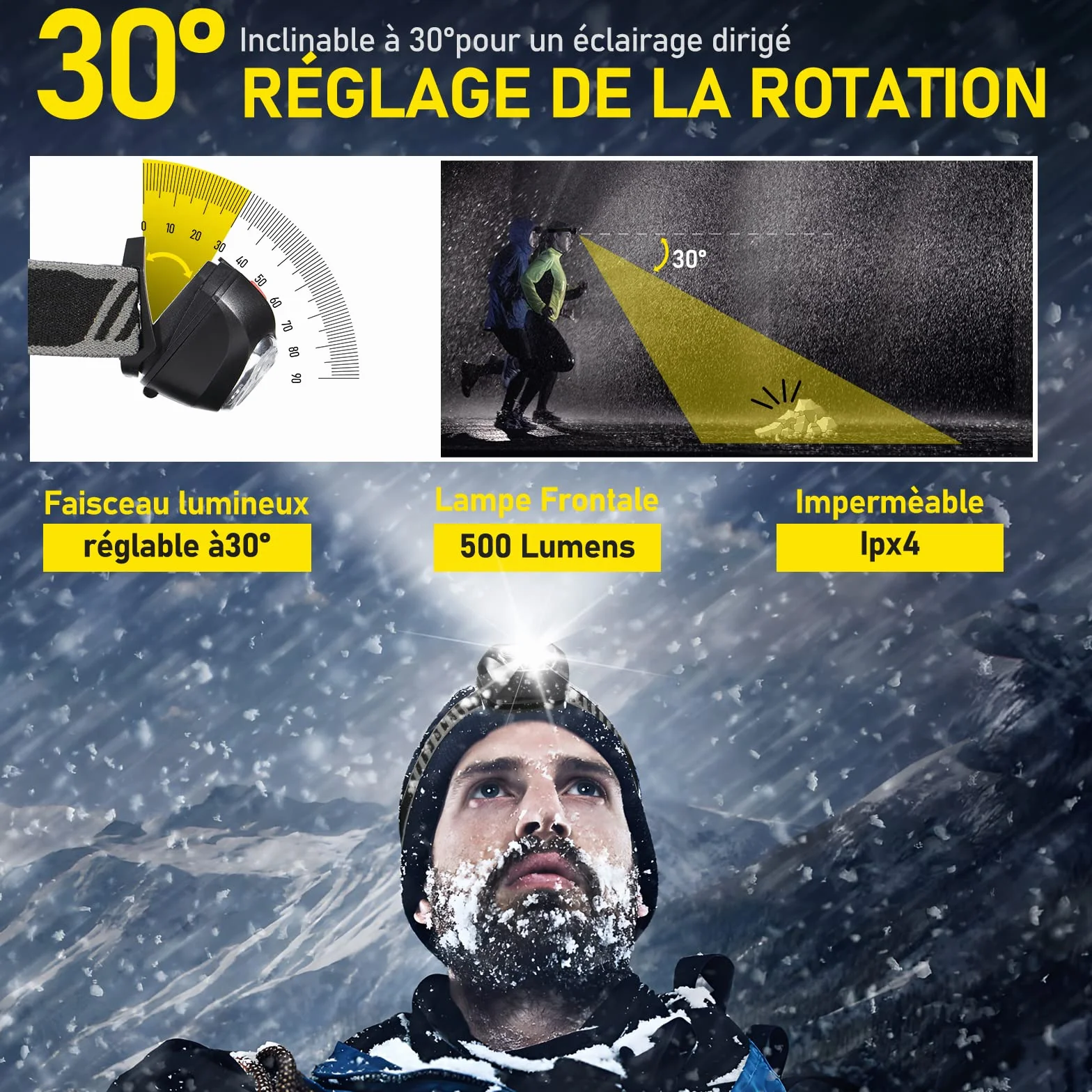Vinabo Lampada Frontale LED 500 Lumen, 6 Modalità, Angolo Regolabile 30°, per Campeggio e Corsa (3 Batterie Incluse)