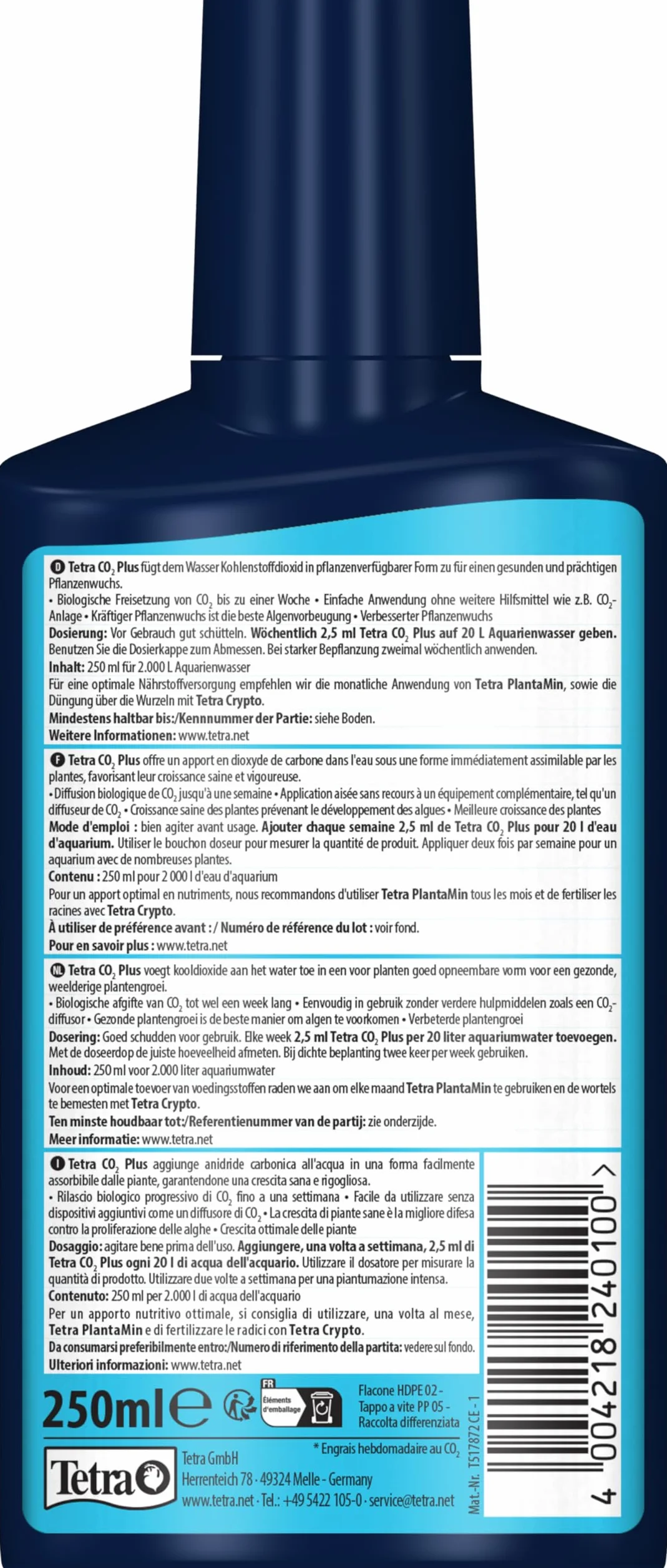 Tetra CO2 Plus - Fertilizzante liquido a base di carbonio per piante d'acquario rigogliose, flacone da 250 ml