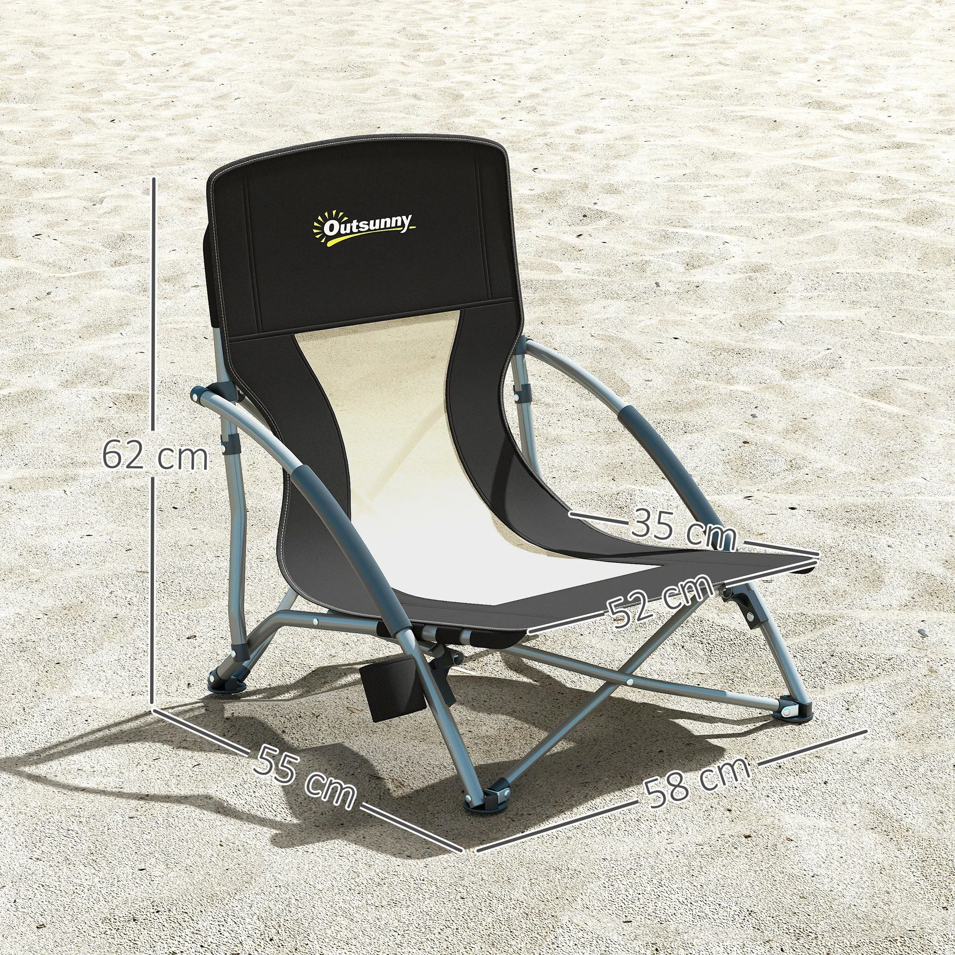 Outsunny Sedia da Spiaggia Pieghevole con Schienale a Rete e Braccioli, Portabicchieri, Borsa Trasporto, Nero