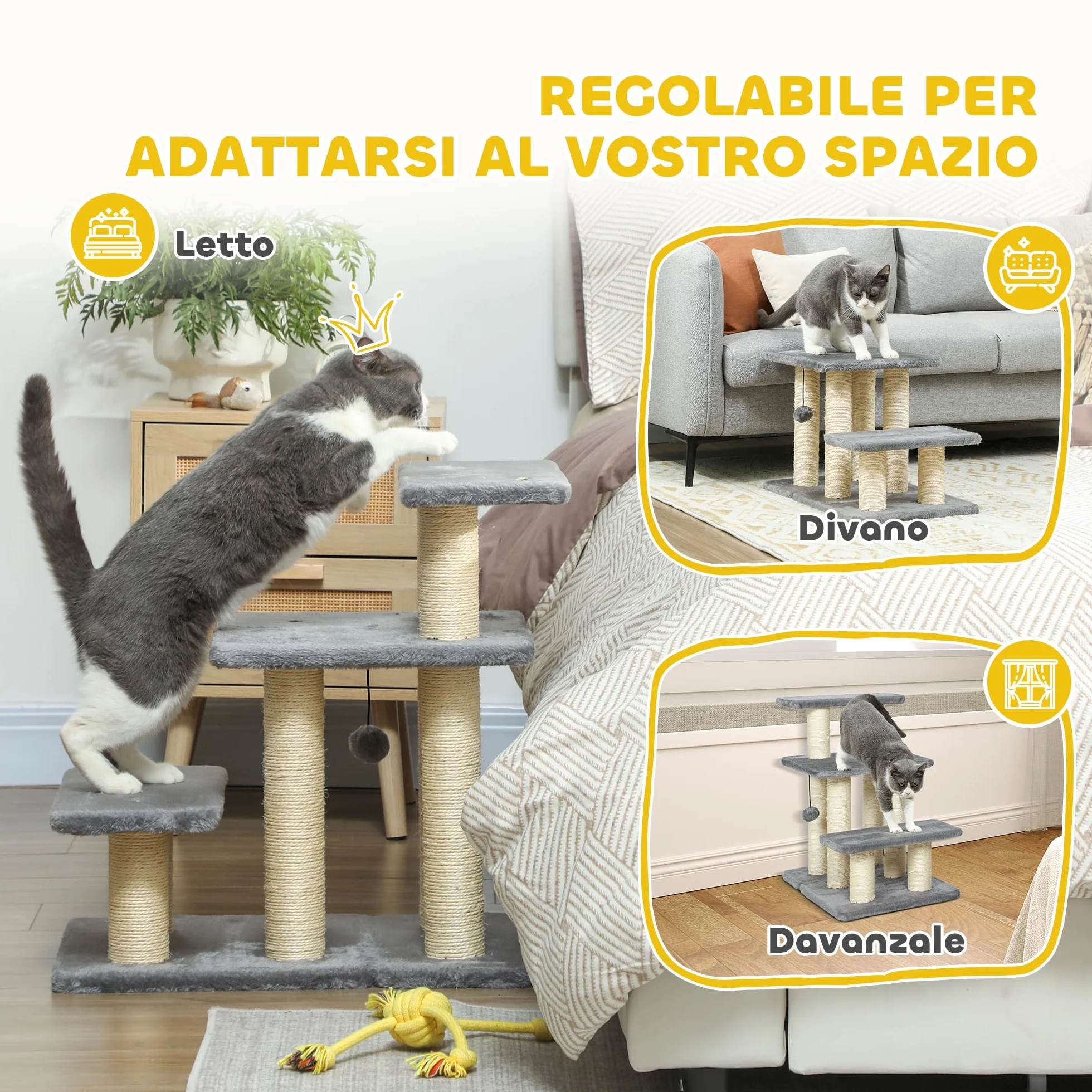 PawHut Scaletta per Cani e Gatti 3 Scalini in Peluche e Pali Tiragraffi in Sisal, Grigio