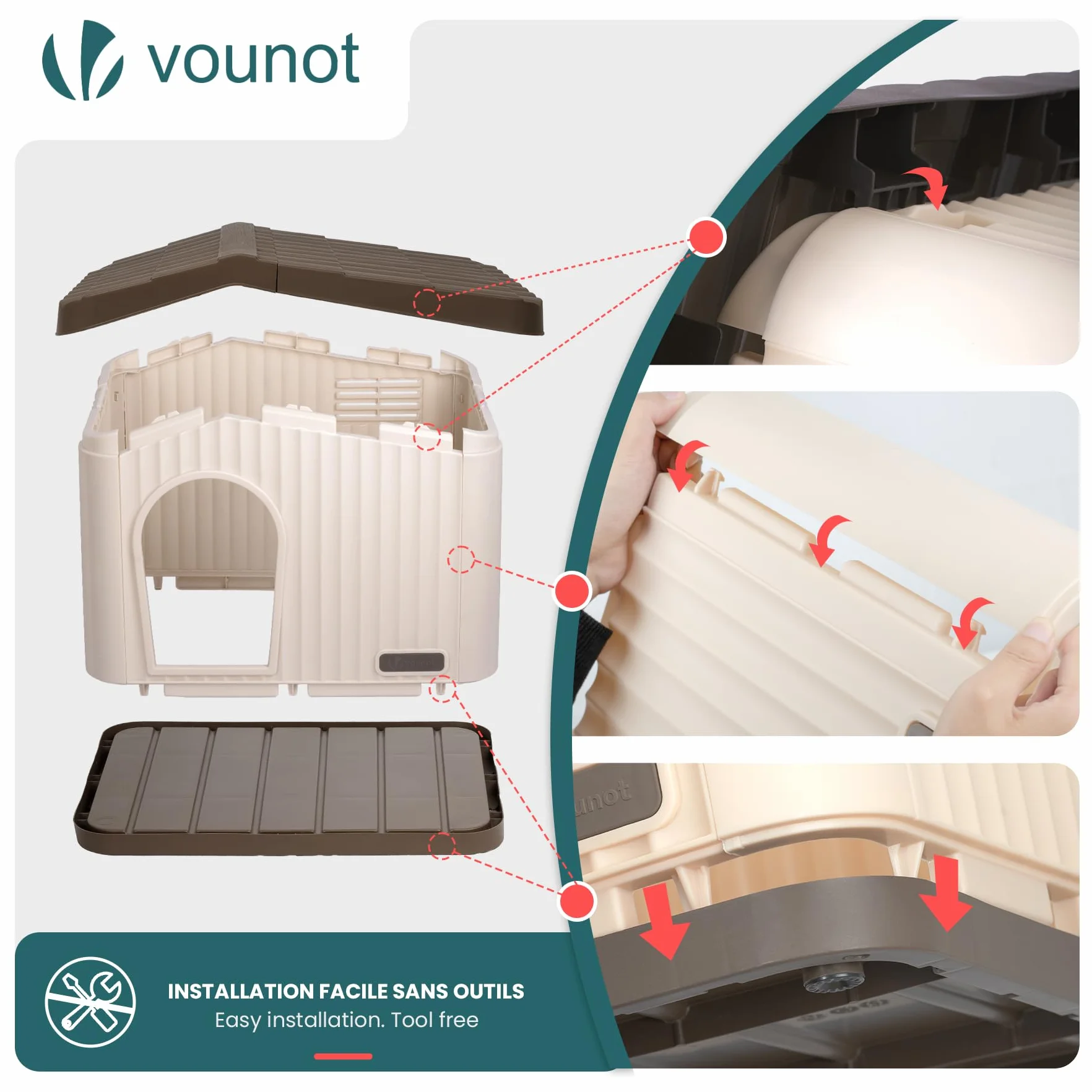 VOUNOT Cuccia per Gatti e Cani Impermeabile con Tetto Inclinato 60x51x41 cm Beige