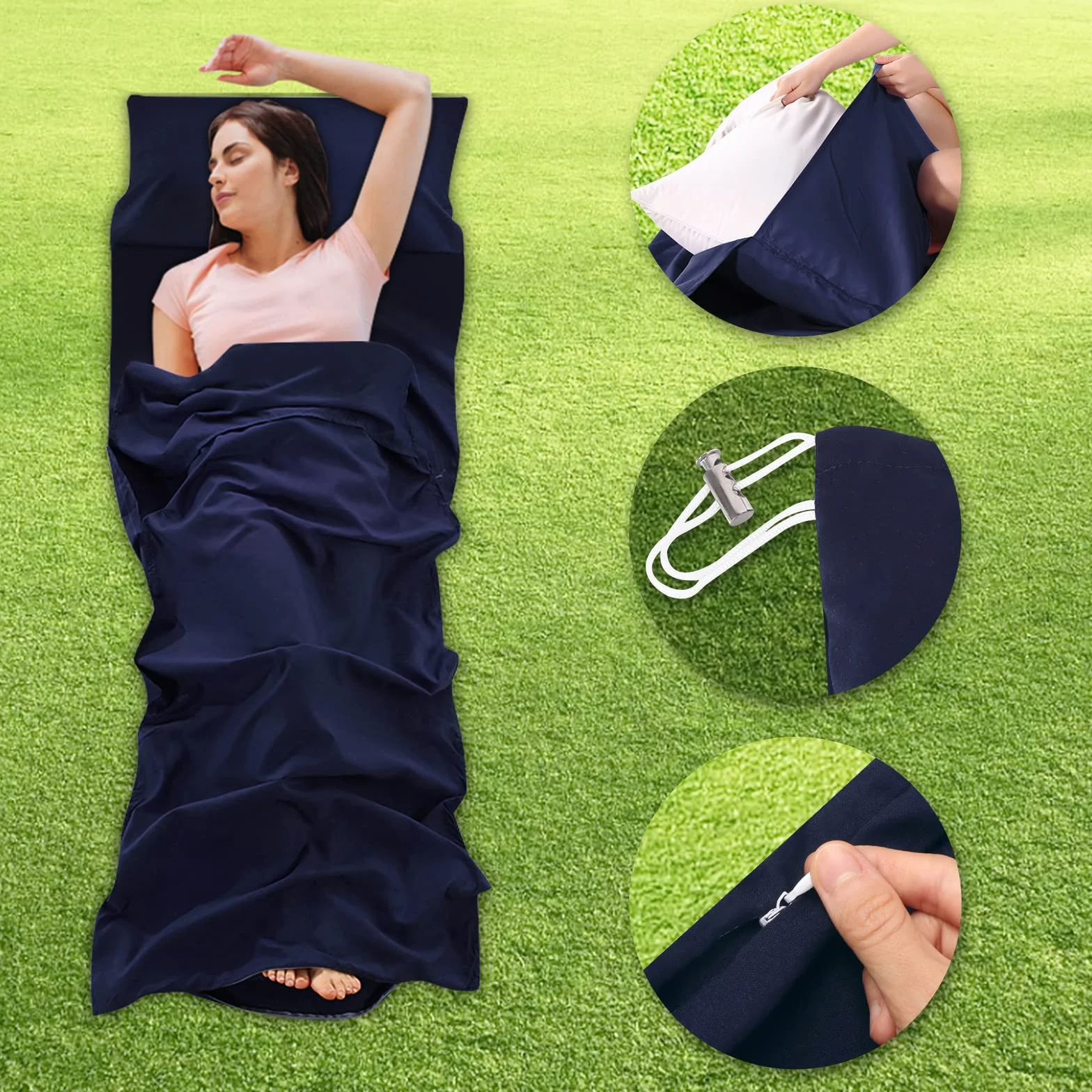 NiCoLa Sleeping Bag Liner 210 x 115 cm Lightweight Travel Sheet with Zipper & Pillow Slot for Camping