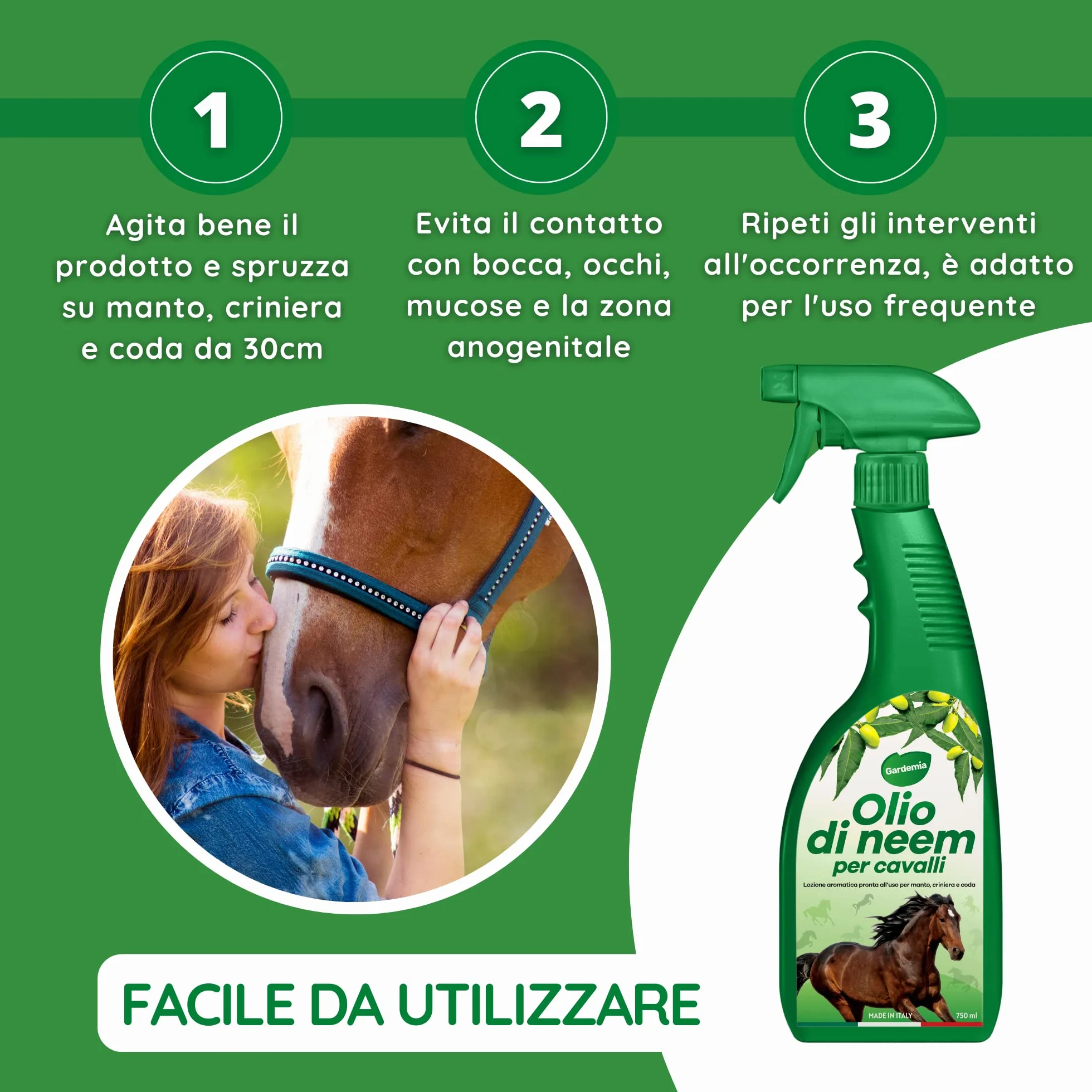 Gardemia Olio di Neem per Cavalli Spray 750ml Repellente Antiparassitario con Geranio e Citronella