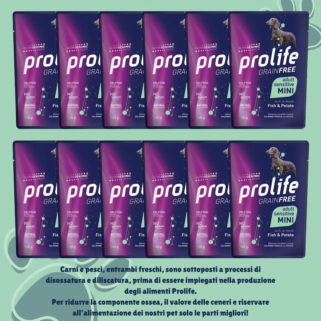 Prolife umido per cani monoproteico sensitive grainfree adult mini PESCE e PATATE 100g |12 bustine da 100g l'una.