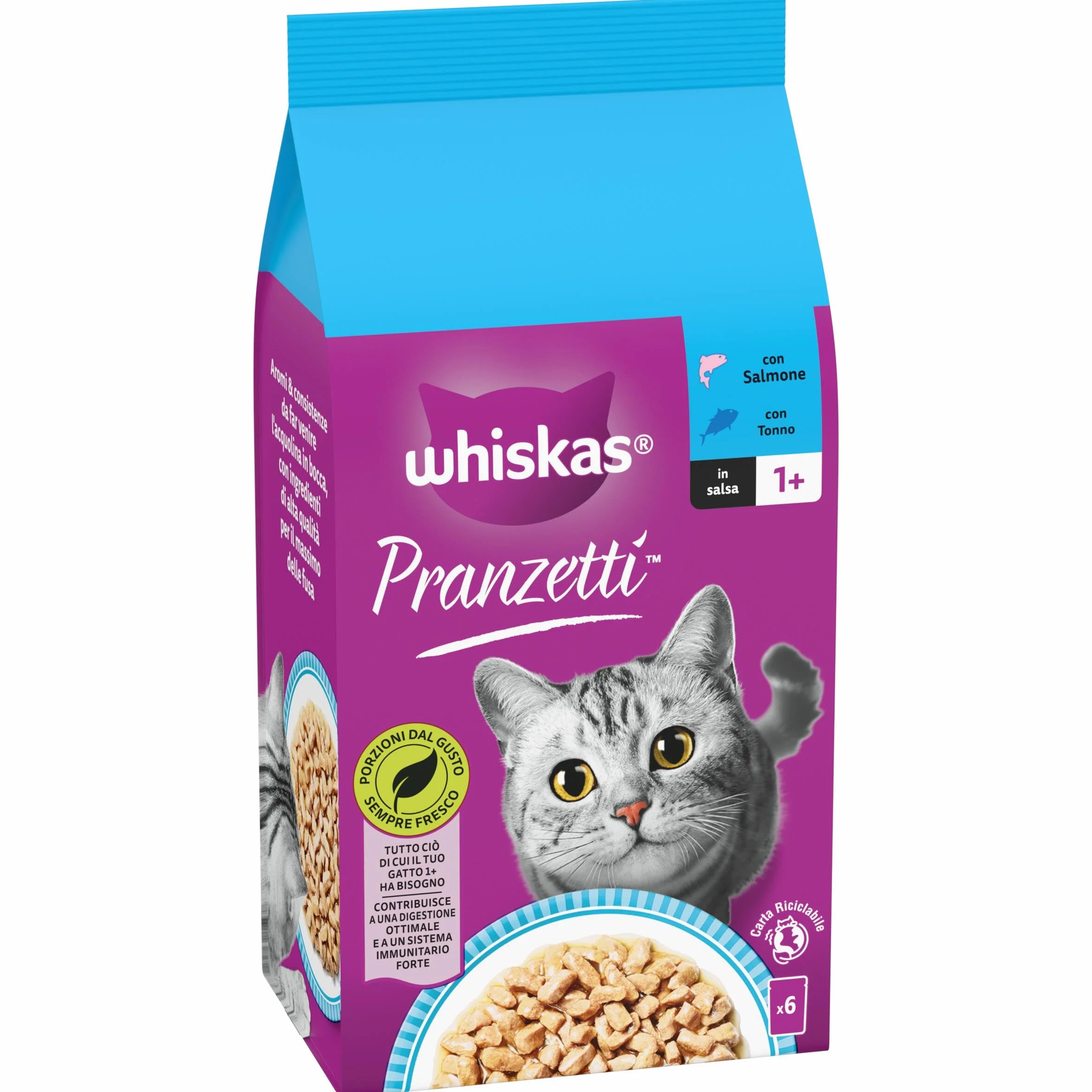 Whiskas Pranzetti Selezione di Pesce 1+ Adulto, Cibo Umido per Gatto, 12 Confezioni ognuna da 6 bustine x 50g (72 Pezzi in Totale)
