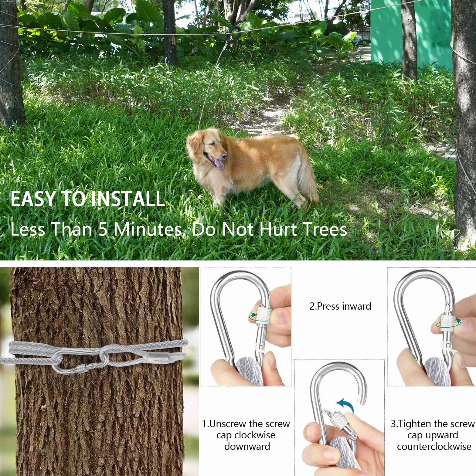 Sistema di Cavi per Cani 3in1, 50/100ft in Metallo Con Gancio Girevole a 360°, Guinzaglio da Corsa per Addestramento in Campeggio 250lbf/15m+3m/Argento