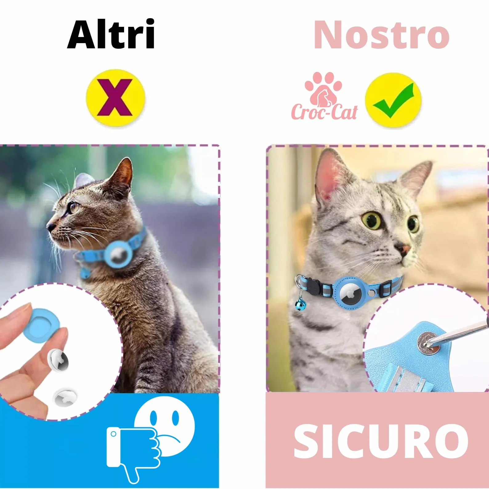 Croc-Cat® Collare Gatto, Compatibile AirTag Apple, Localizza il Tuo Gatto, Leggero & Confortevole, Sicurezza Massima, GPS Air Tag Non Incluso