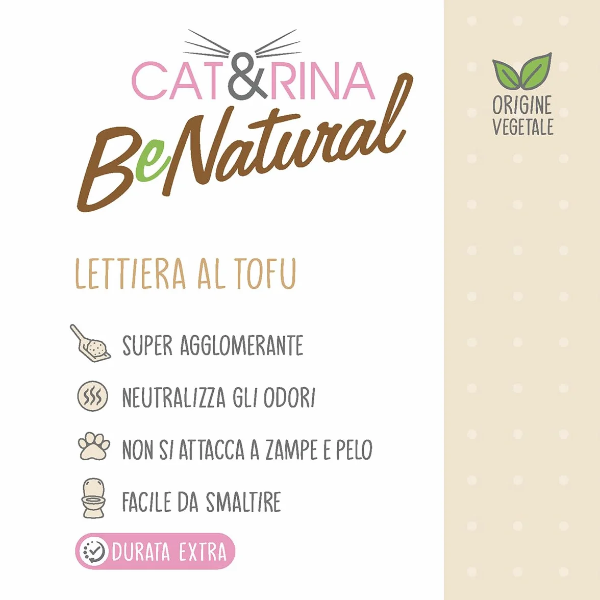 Cat&Rina BeNatural, lettiera per gatti al tofu da 5,5l. Lettiera gatto agglomerante di origine vegetale. Fino a 30 giorni di utilizzo. Si smaltisce nell'organico o nel wc. Sabbia gatti classica.
