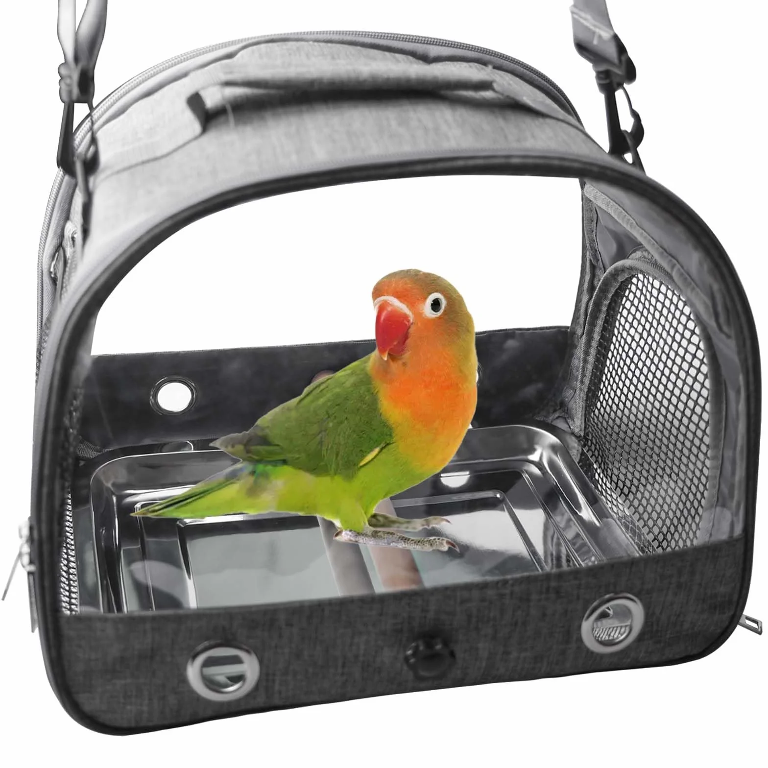 Asfrode Borsa per il trasporto con asta e vassoio in acciaio inox, leggera, per il trasporto di uccelli, per pappagalli, pappagalli, parrocchetti