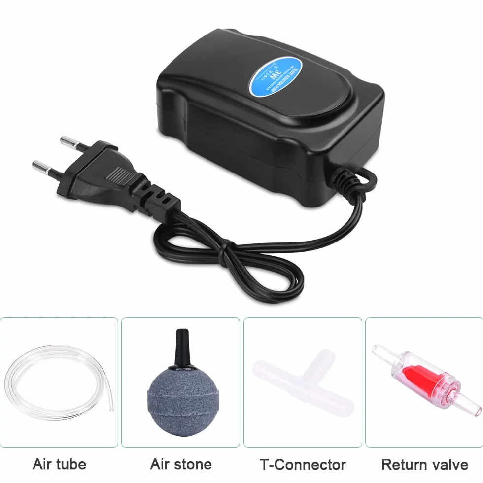 Flintronic Ossigenatore per Acquario, 3W Pompa Ad Aria per Acquario Regolabile Ultra-silenziosa, con 1.5M Tubo in Silicone, Air Stone, Valvola Di Ritegno e Raccordo a T, per Ac-quario da 5-300L