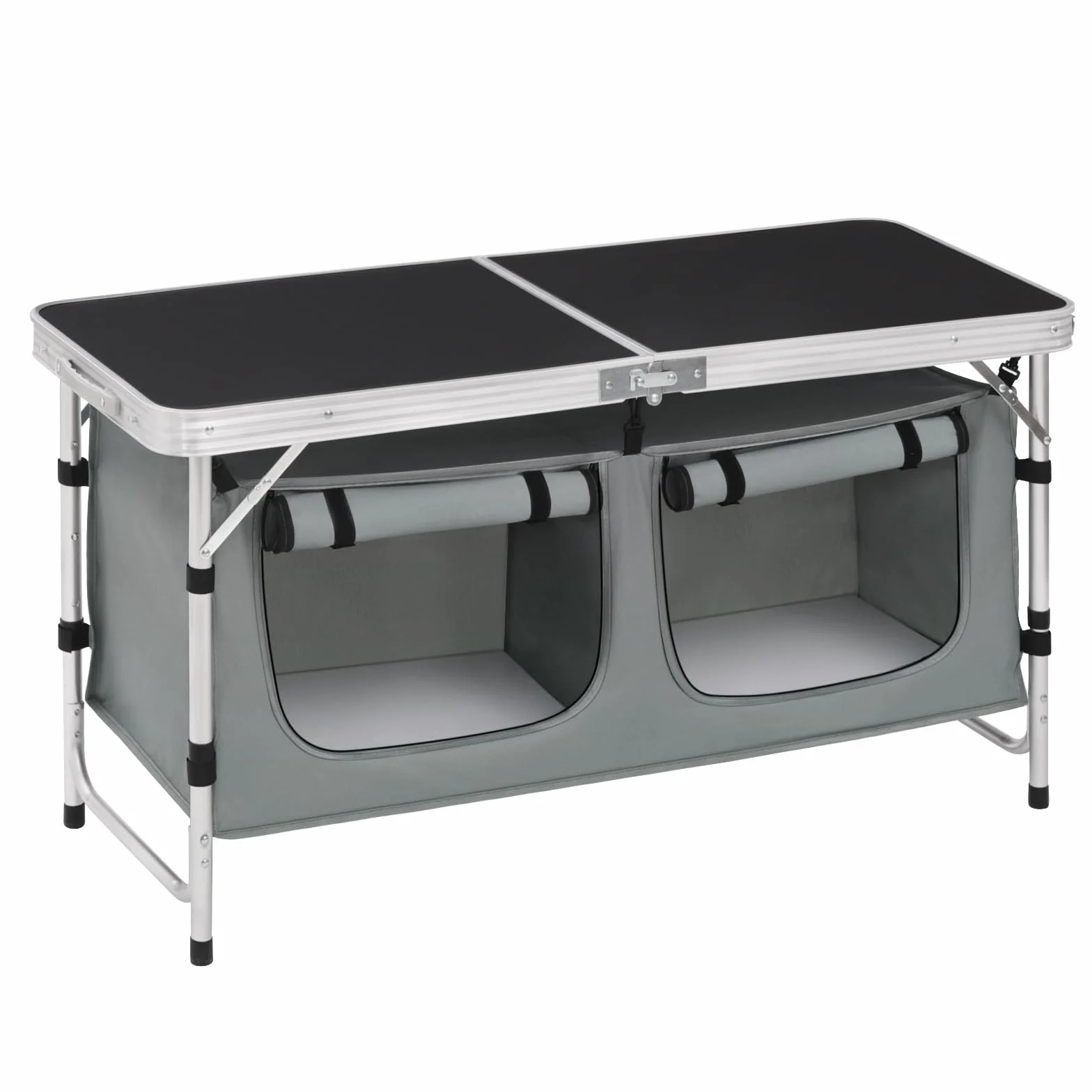 WOLTU Tavolo da Picnic Pieghevole, Mobile Cucina da Campeggio, Esterno, in MDF e alluminio con 2 Scomparti Regolabili in Altezza, 120 x 47 x 62/69.5 cm