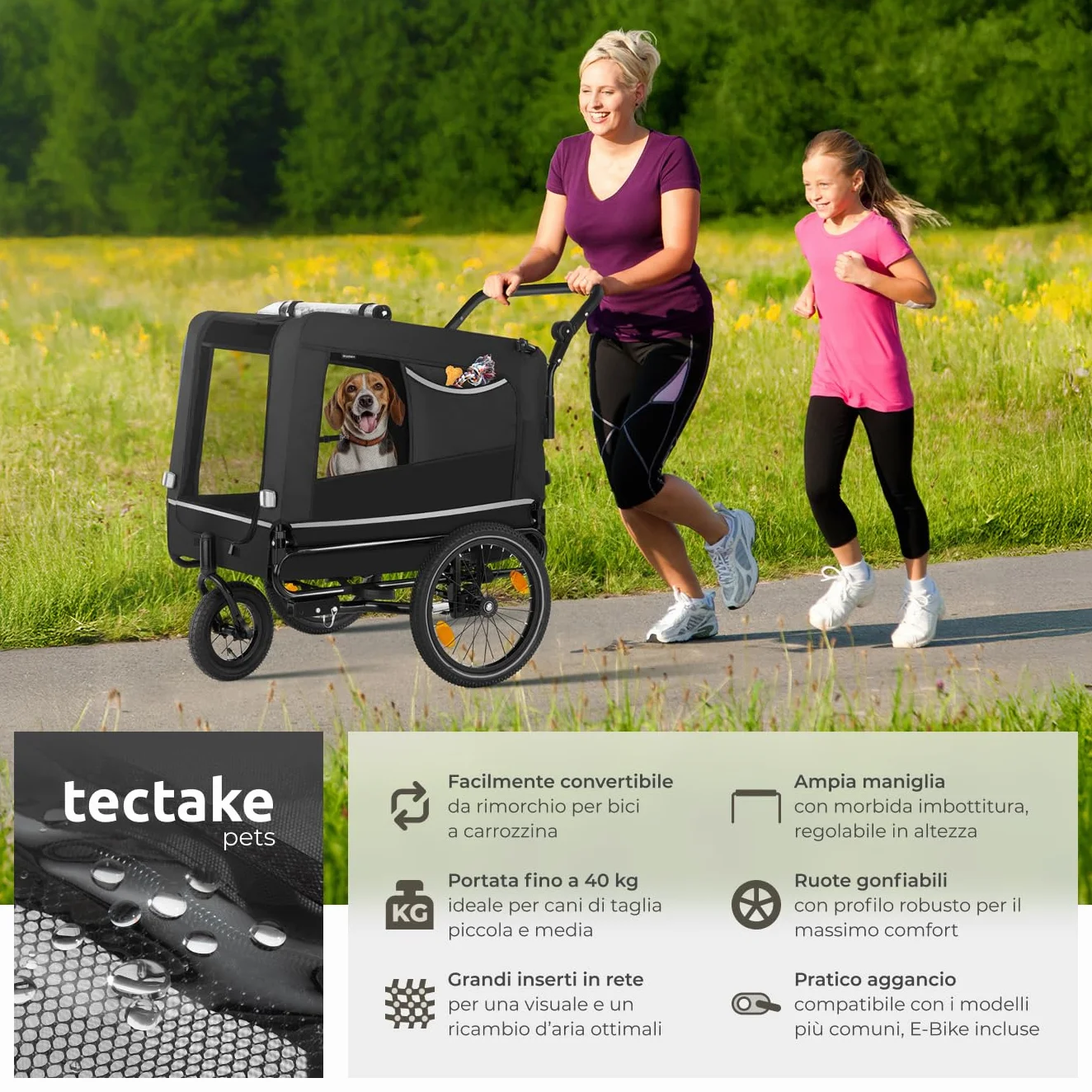 tectake® Carrello per Cani WoofRider, Multifunzionale con Bandierina di Segnalazione, Trasportino da Bicicletta, Jogger per Cani con Struttura Richiudibile, Inserti Mesh Traspiranti - Nero