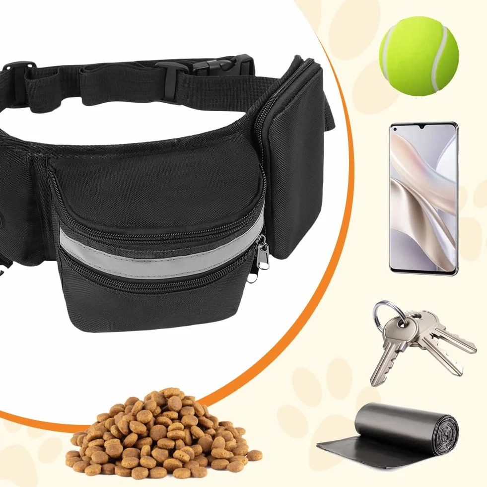 Aomig Borsa per cani 3 in 1: ciotola pieghevole, clicker e marsupio regolabile per passeggiate e allenamento a mani libere