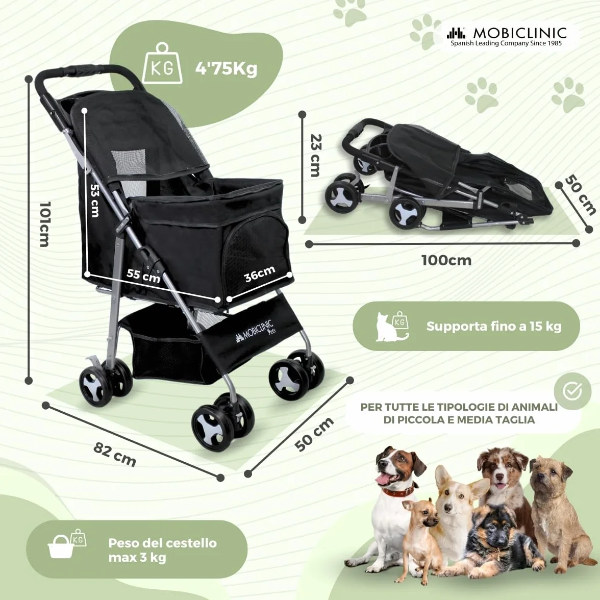 Mobiclinic Zuma Passeggino per cani fino a 15 kg Ruote con freni 360° Cestino xxl (nero)