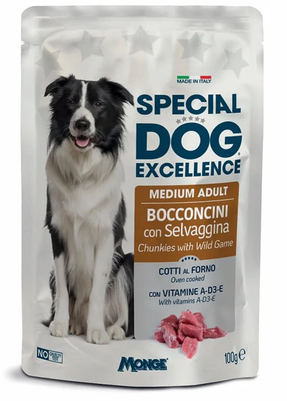Monge Special Dog Excellence bocconcini, umido senza conservanti,senza coloranti per cani di tutte le taglie gusto SELVAGGINA | 12 bustine da 100 grammi l'una.
